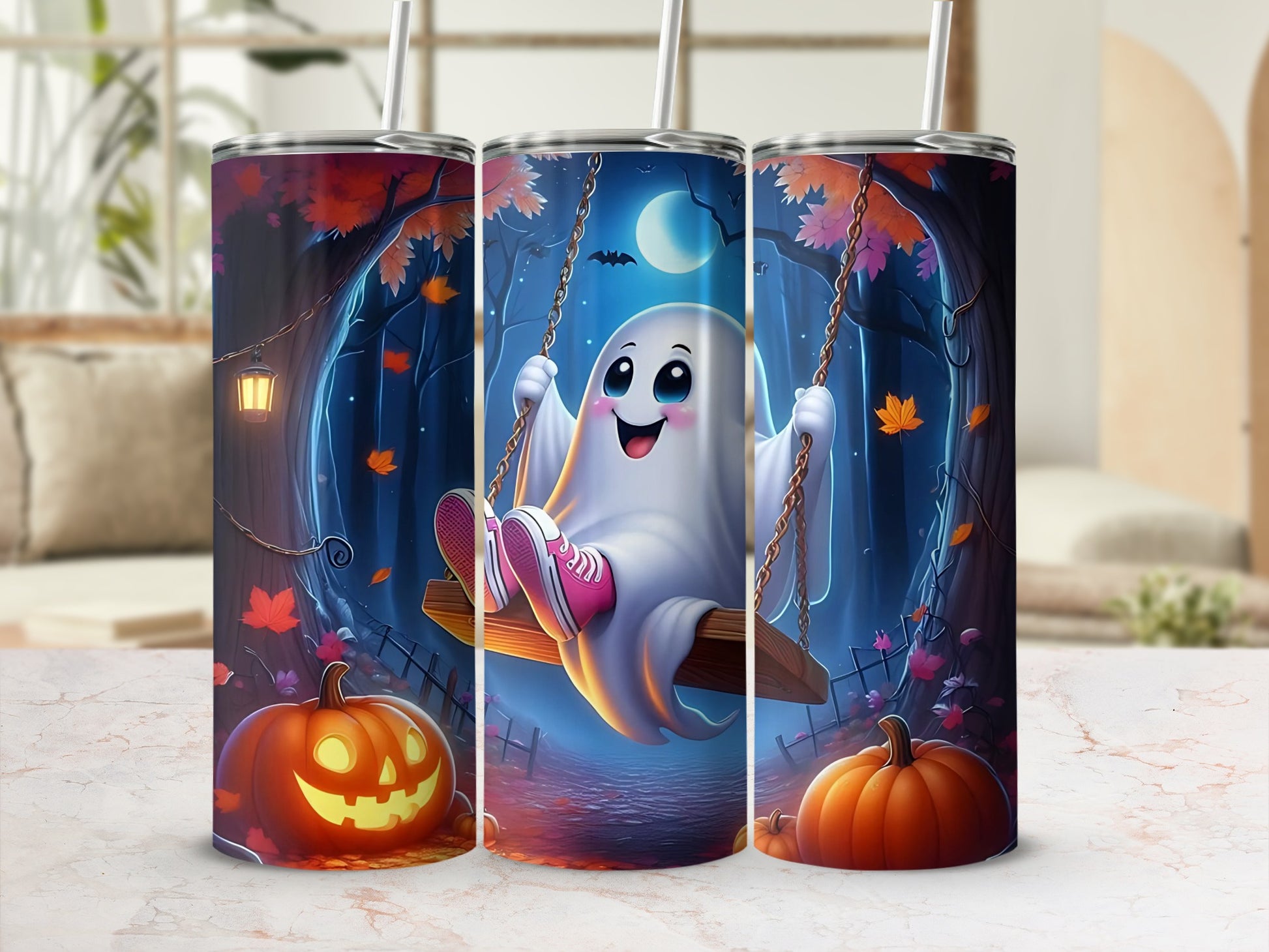 Three tumblers show a Halloween scene with a ghost on a swing and pumpkins.