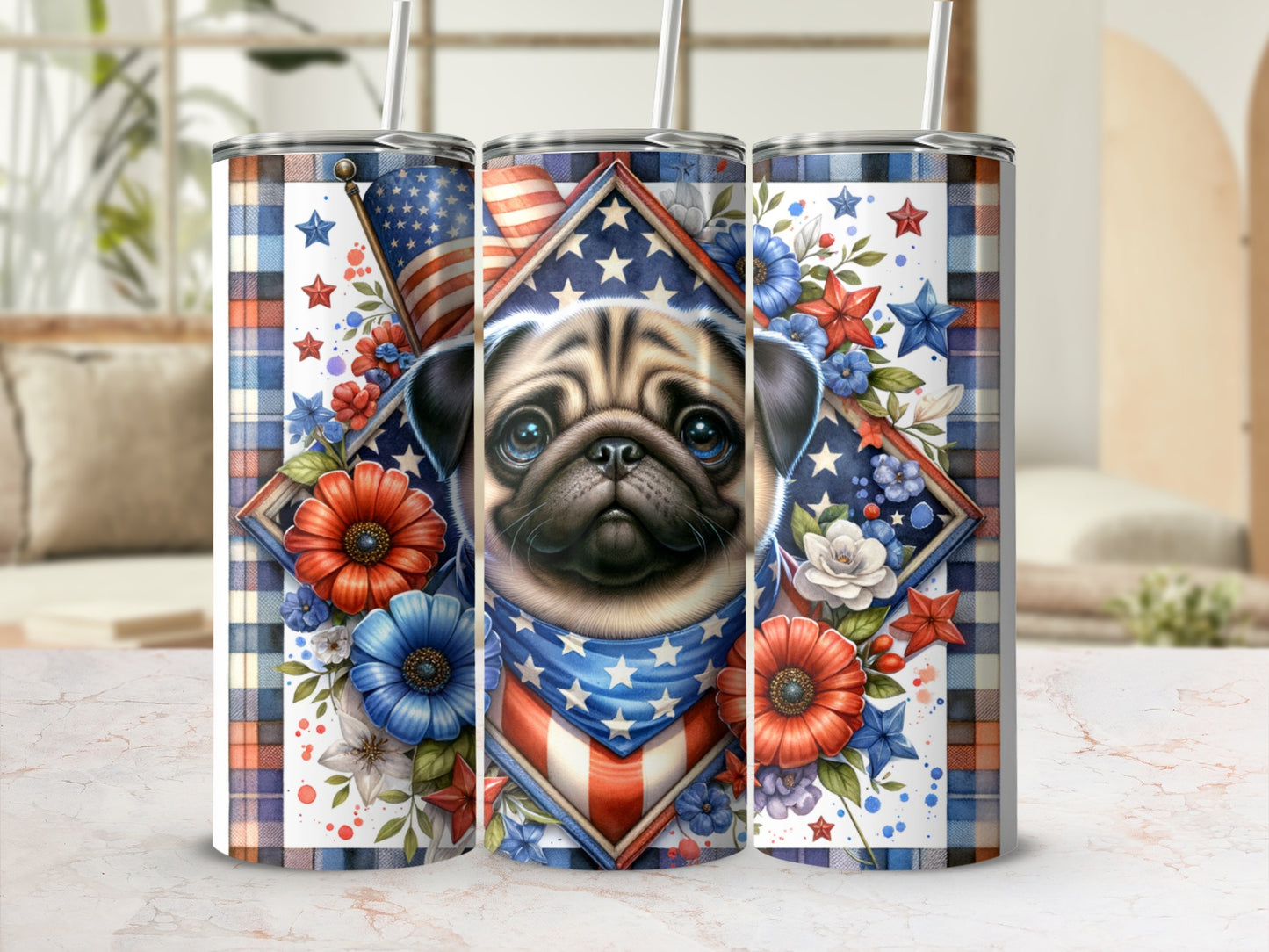 Pug wearing an American flag bandana, surrounded by patriotic flowers and stars.