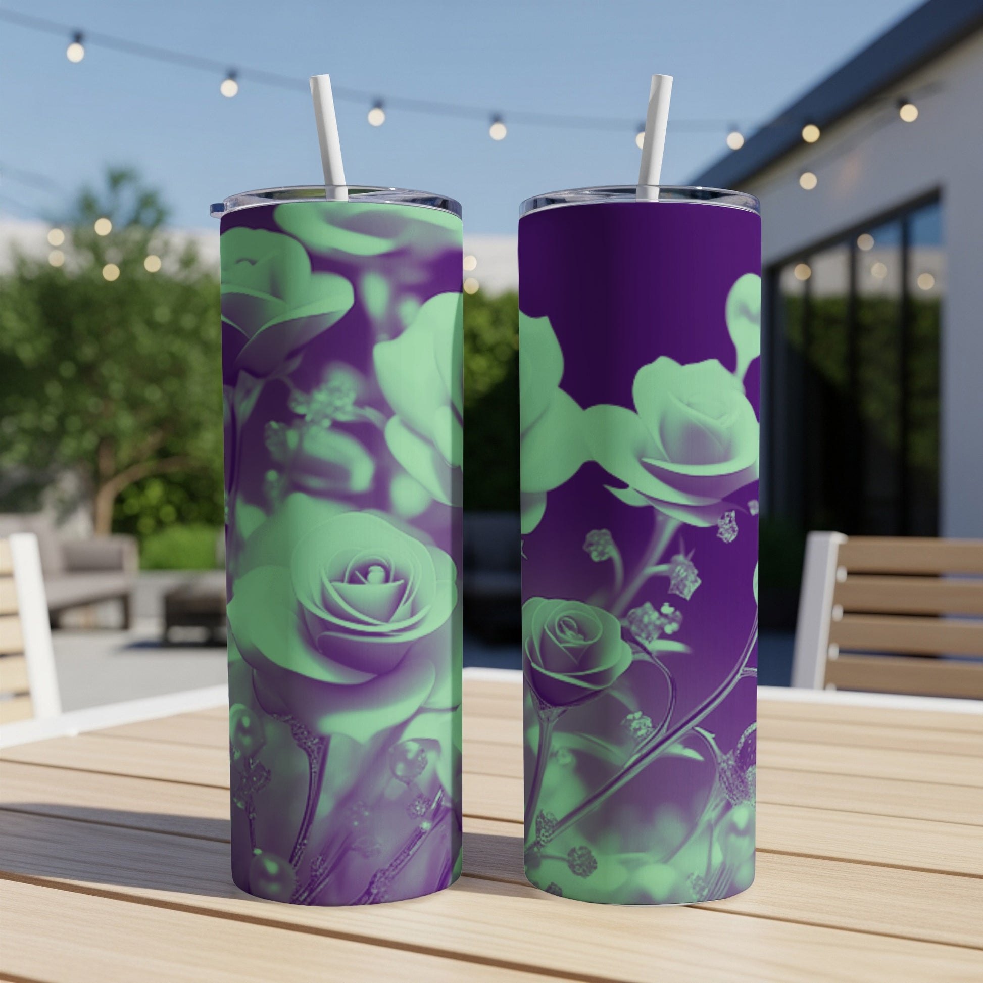 Purple tumbler with a gradient of light green roses and floral accents.