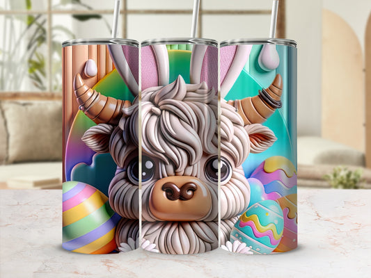 Easter Highland cow with bunny ears and colorful Easter eggs.