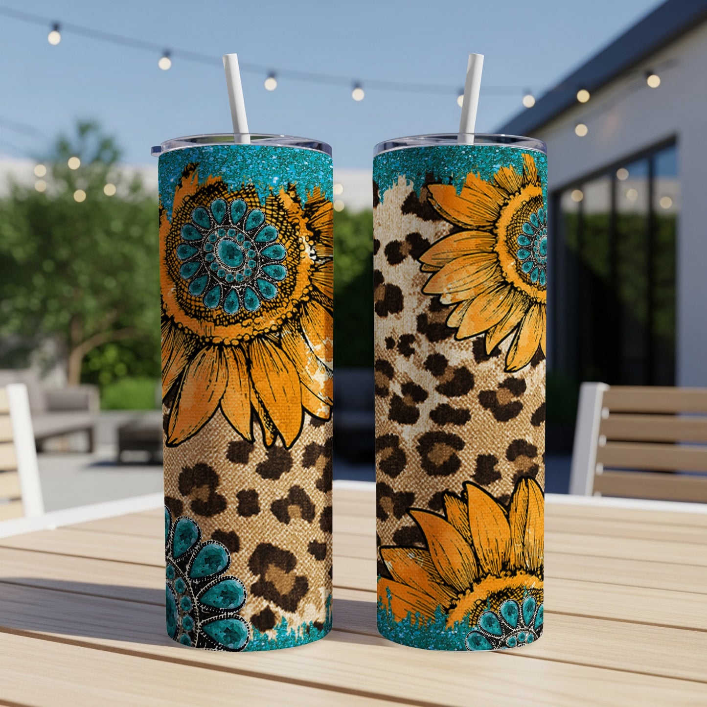 Two tumblers with sunflowers and leopard print designs.