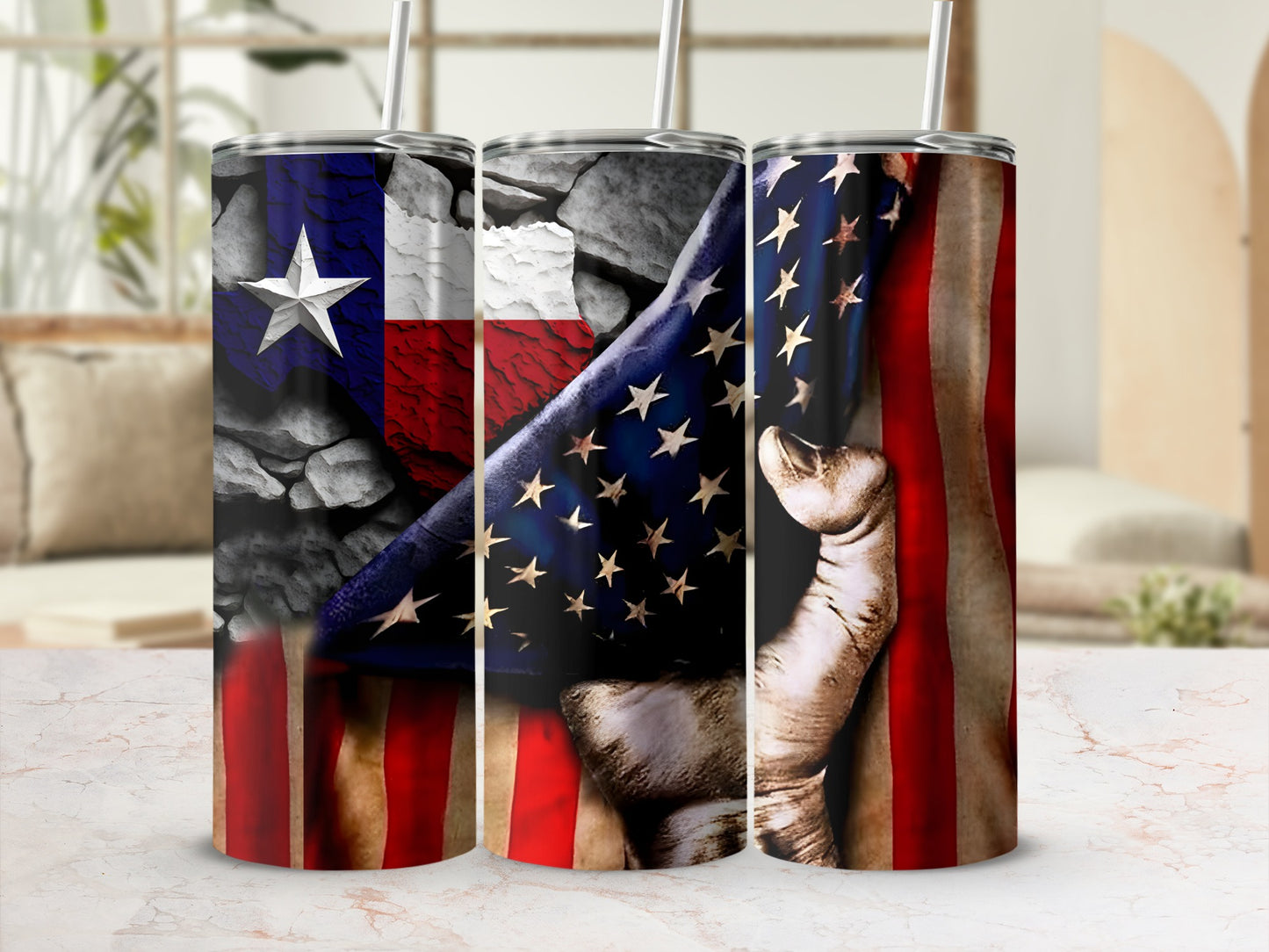 Tumbler with Texas and American flag art, holding a stone texture.