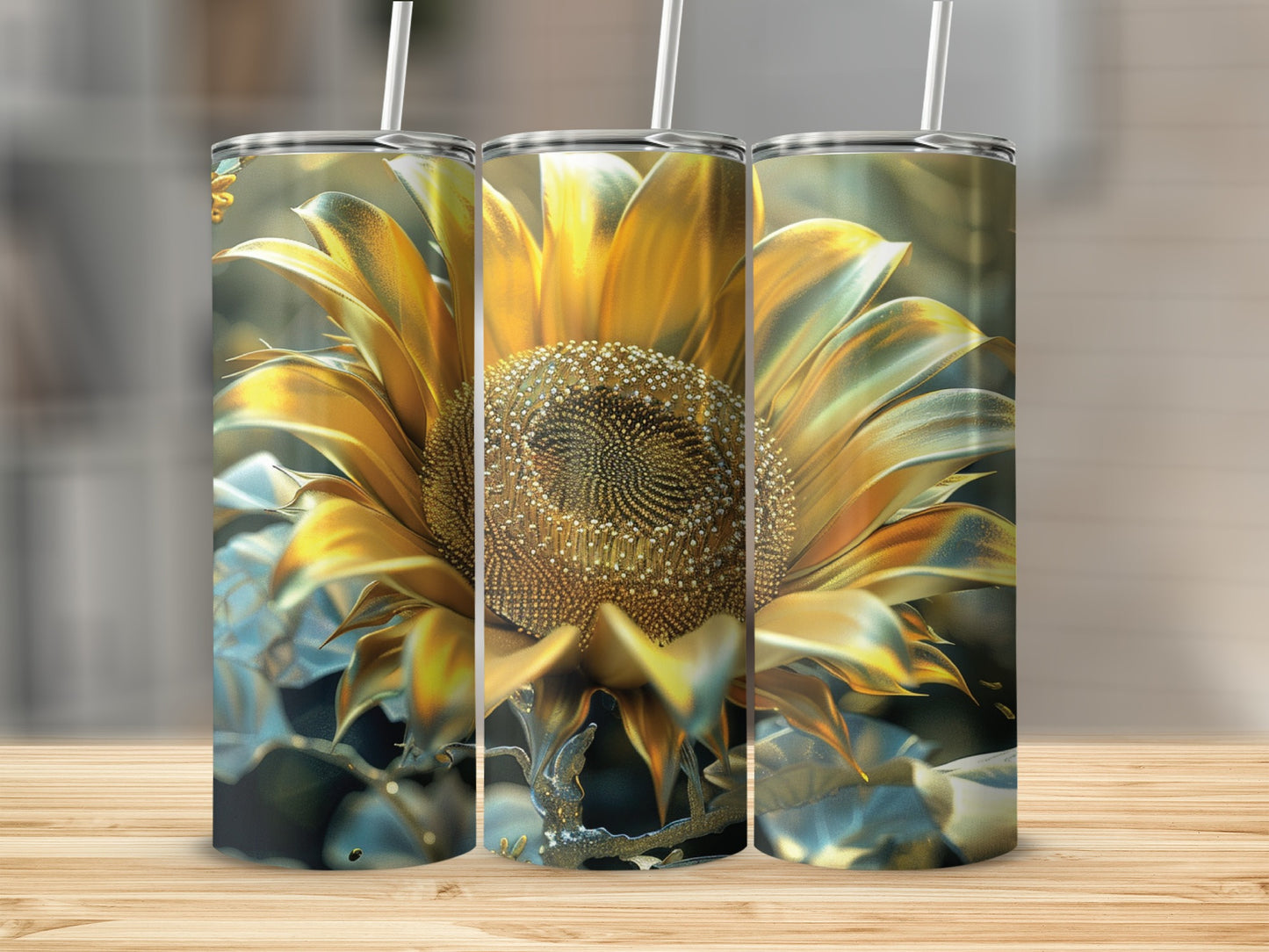Golden sunflower design on three tumblers with straws on a wooden surface.