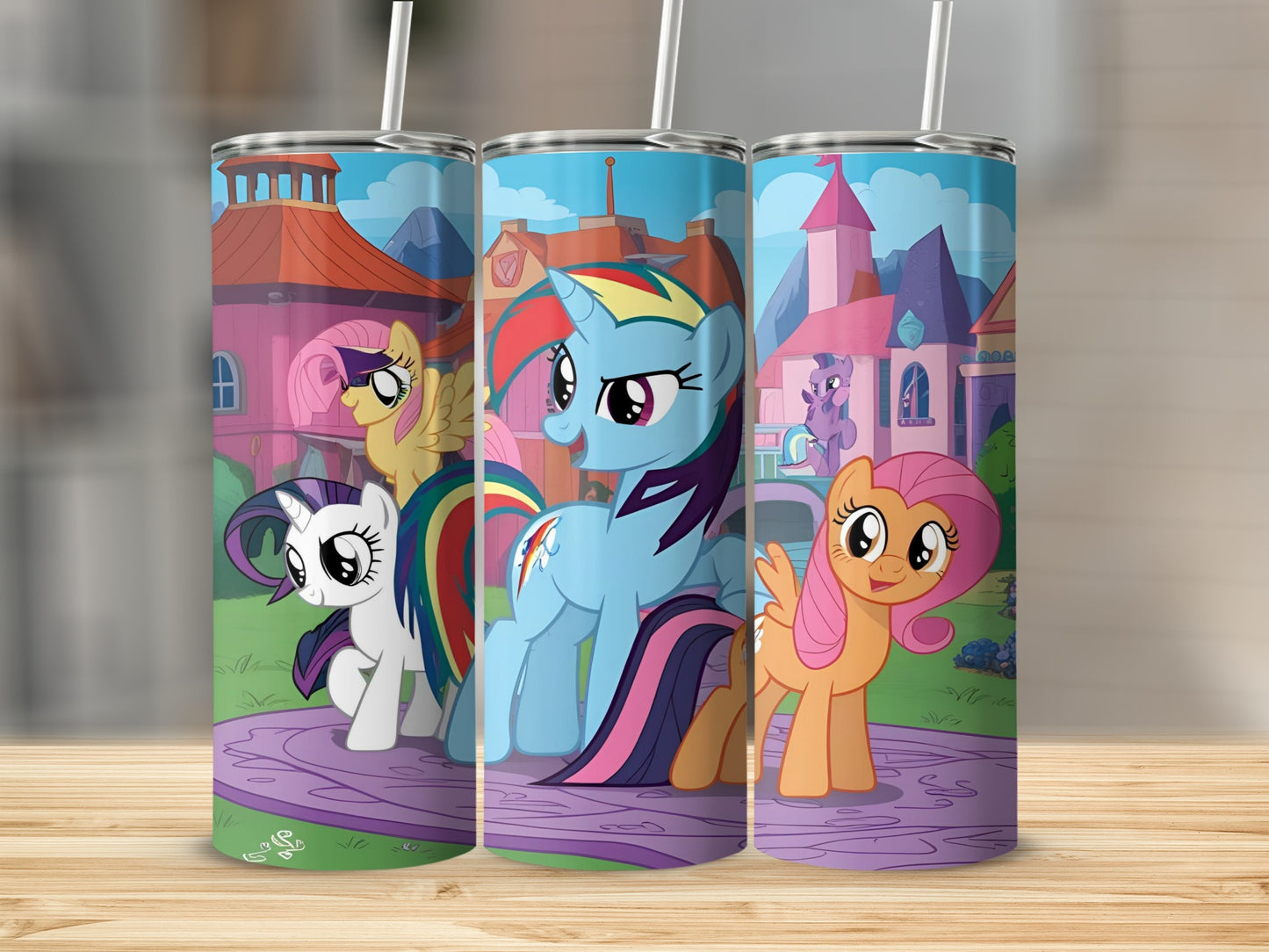 My Little Pony characters on a colorful background.
