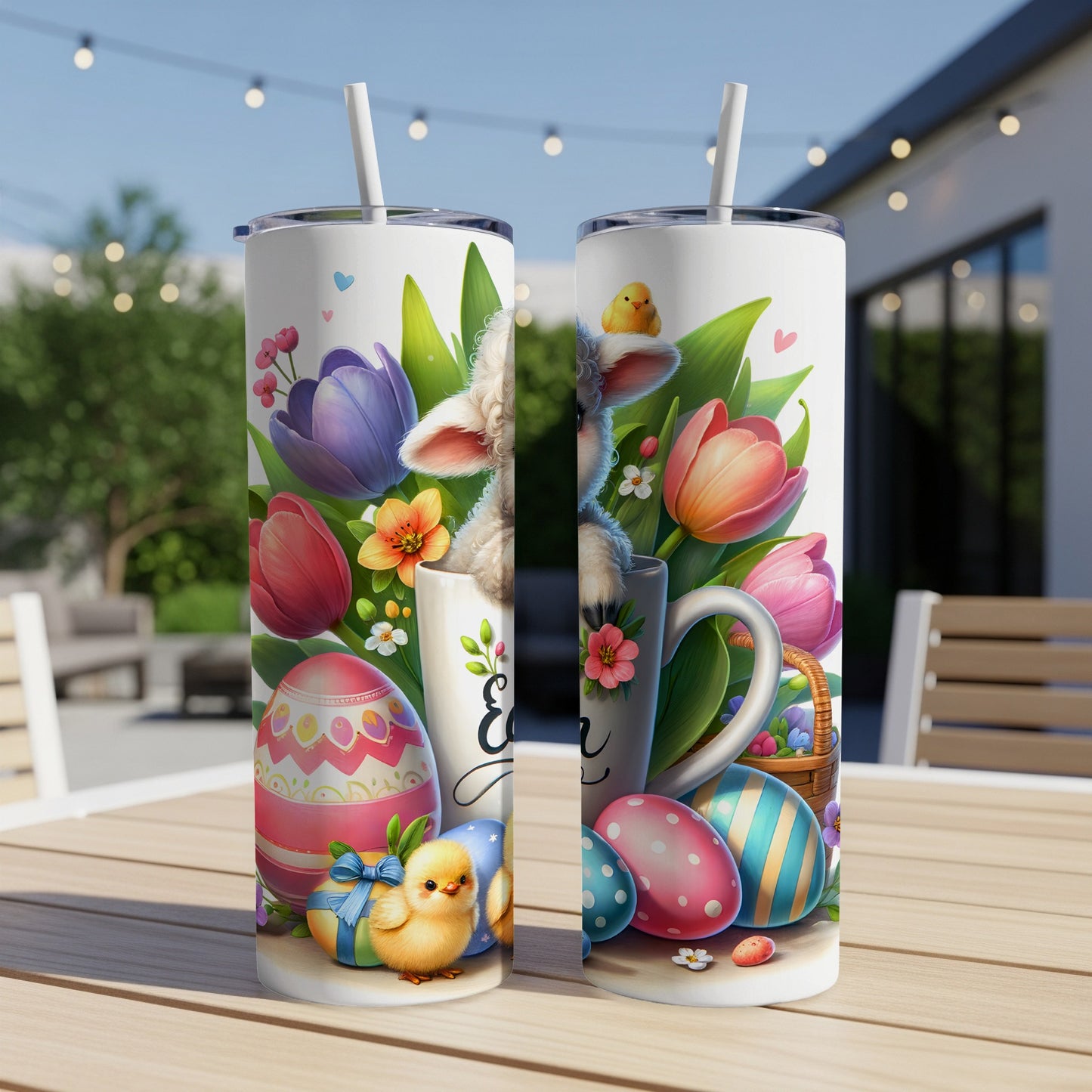 Easter tumbler with bunny, chicks, eggs, tulips, and basket in outdoor setting.