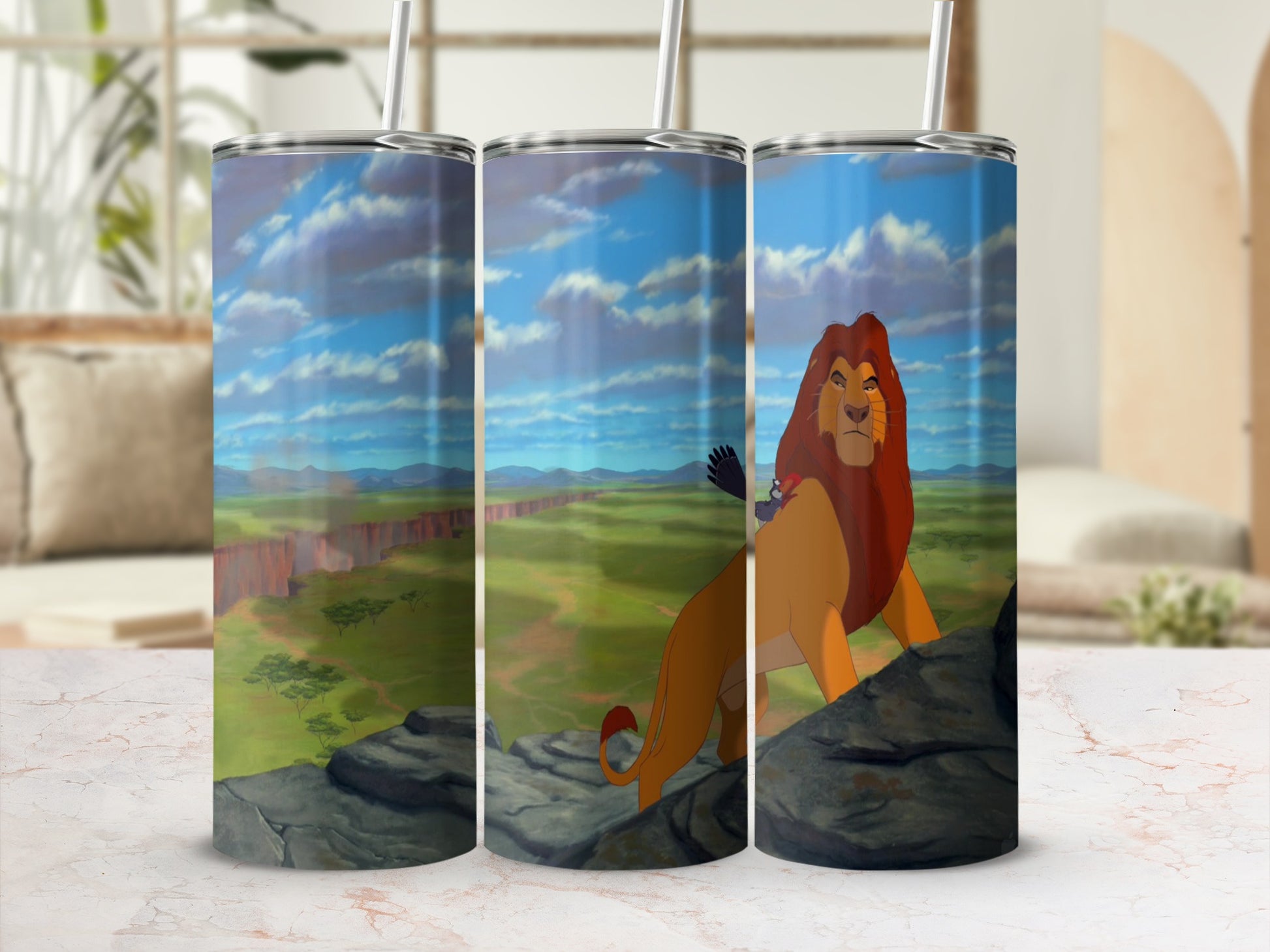 Simba the lion stands on a rocky outcrop overlooking a savanna landscape.