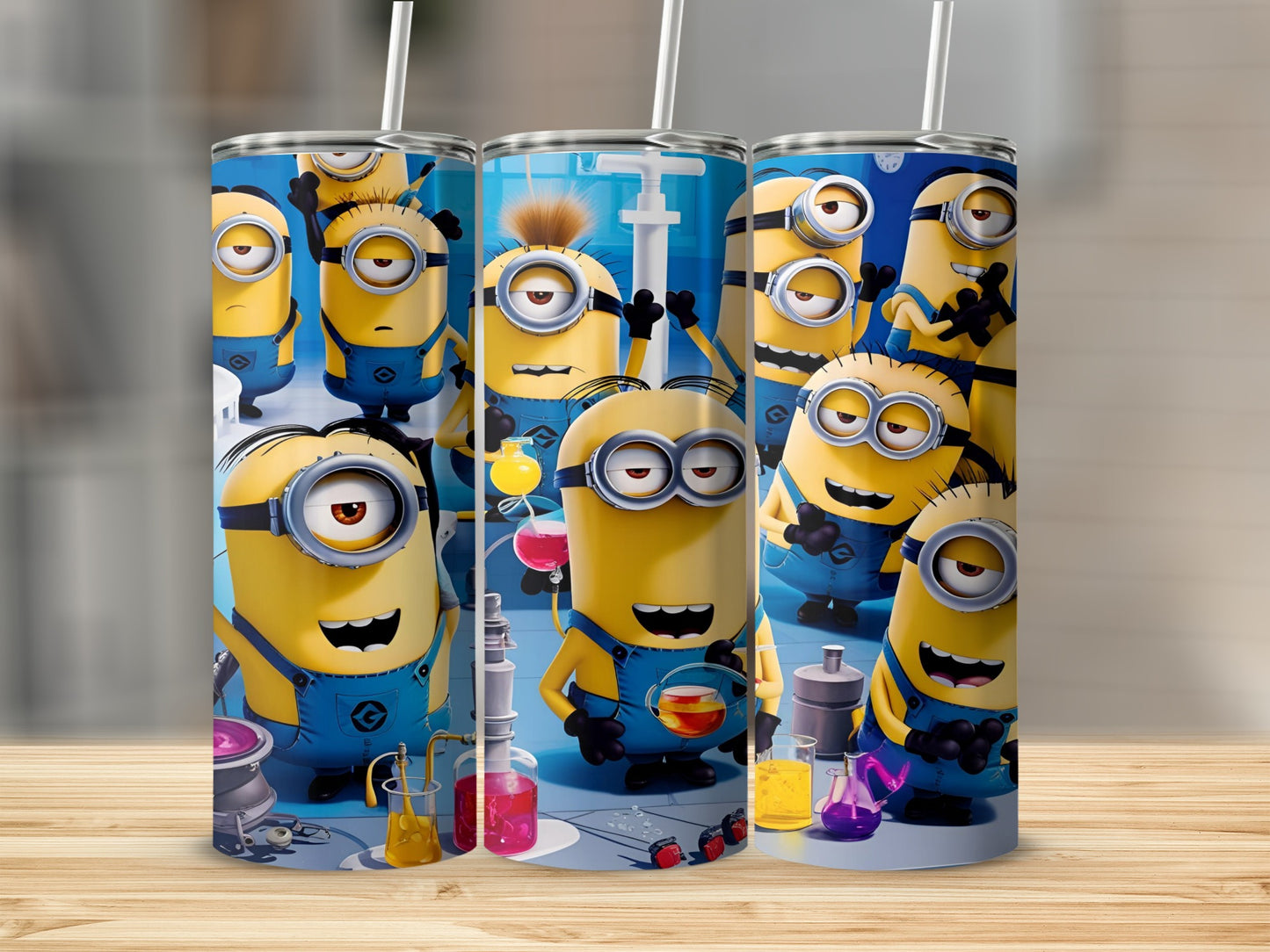Minions in lab coats with beakers and test tubes on a white background.