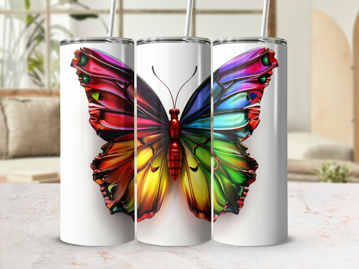 Three white tumblers featuring a colorful, realistic butterfly design.