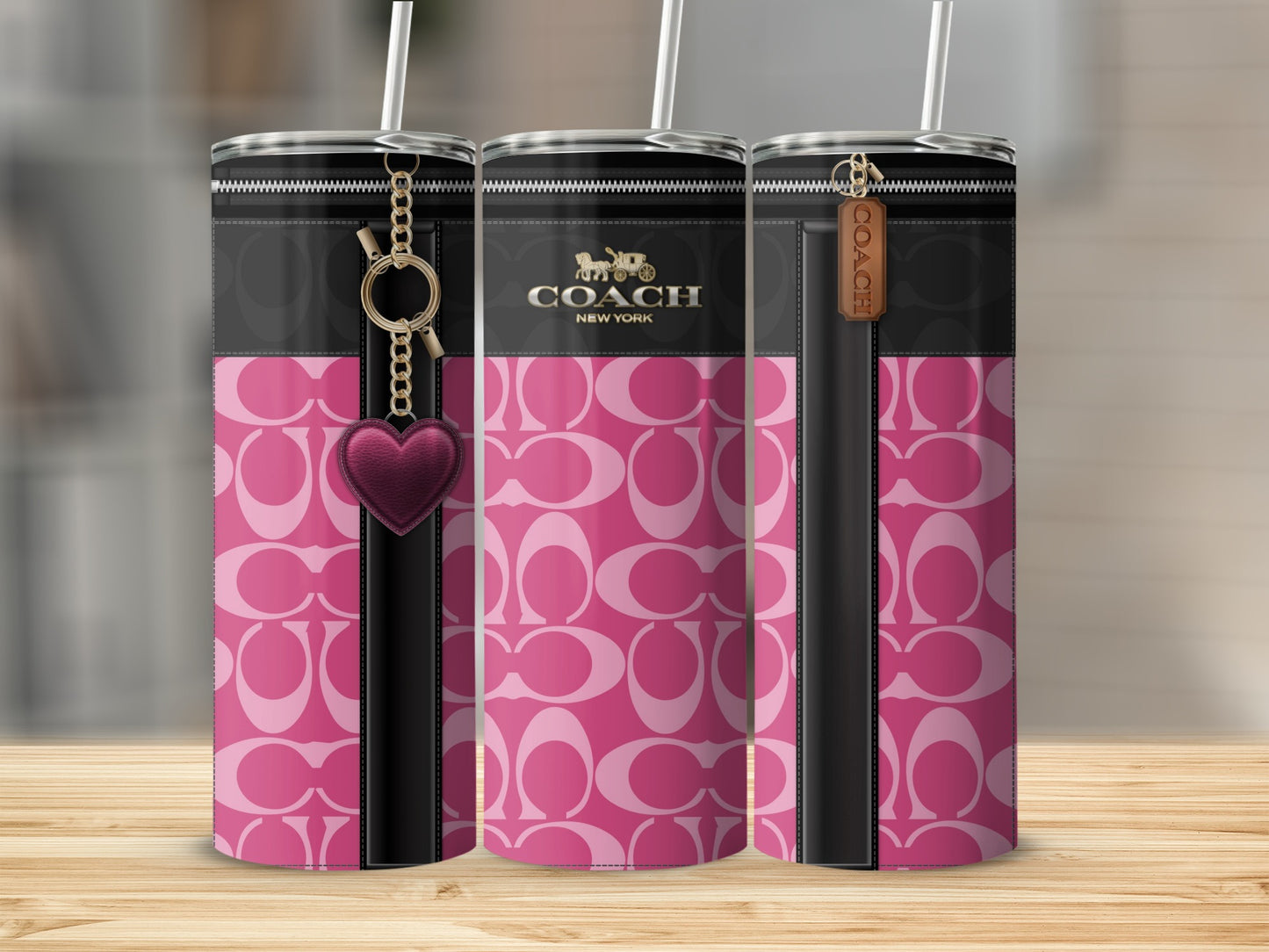 Pink and Black Patterned Tumbler with Heart Charm