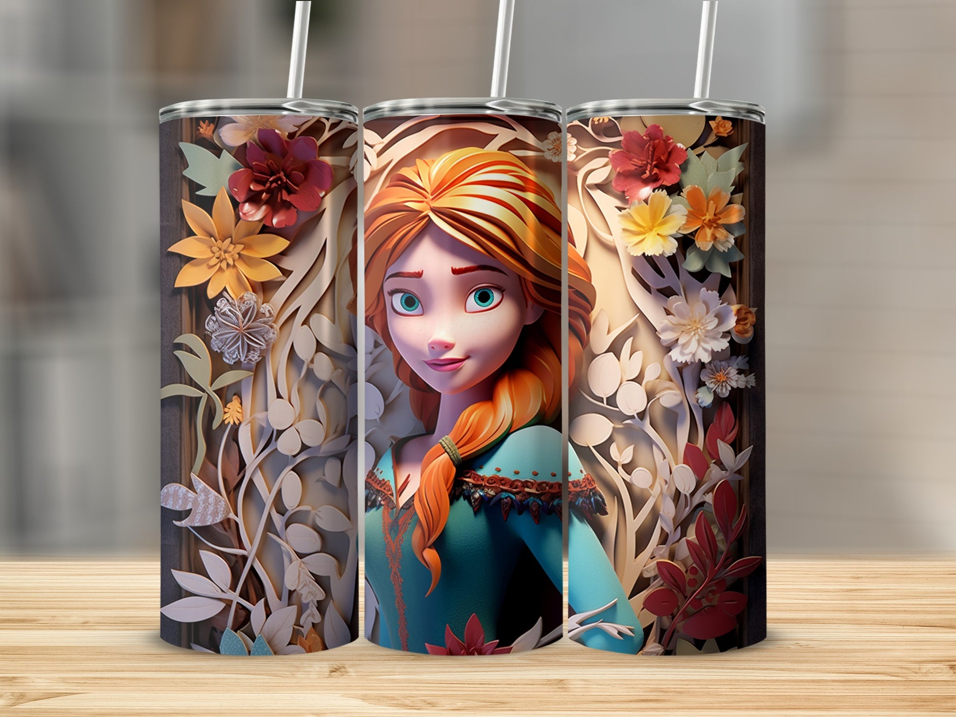 Vibrant Floral Design Tumbler With Character Artwork
