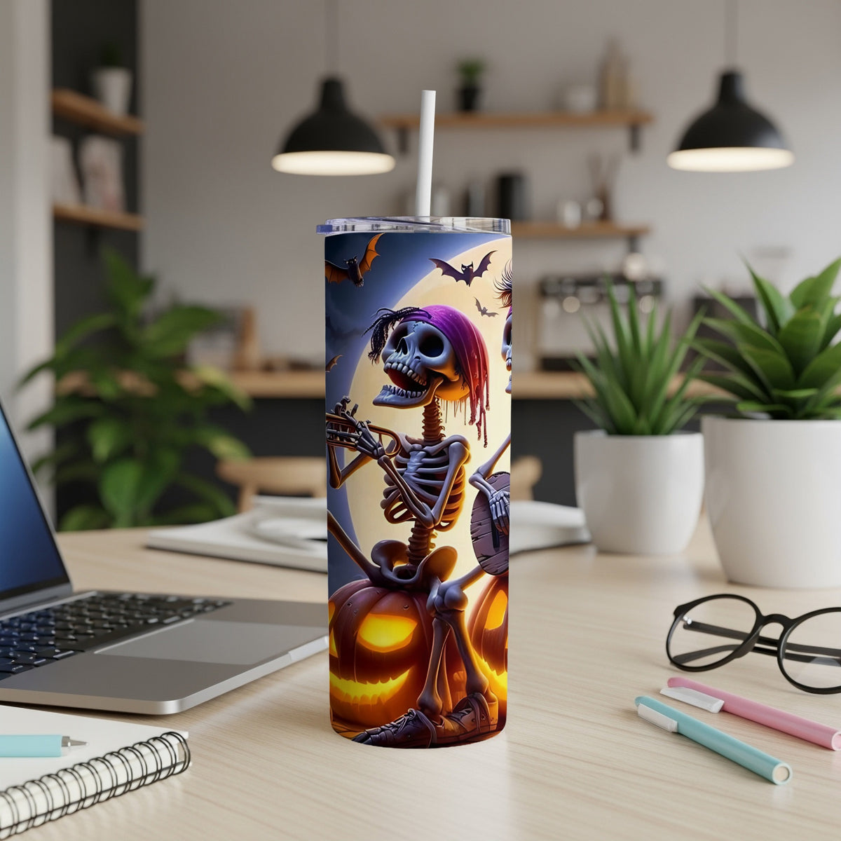 Skeleton playing trumpet on pumpkins with bats and moon Halloween tumbler.