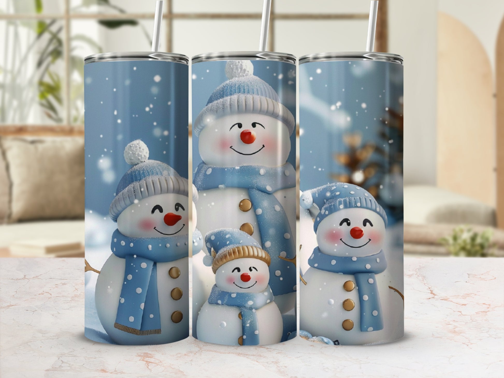 Three snowmen in blue hats and scarves with falling snow.