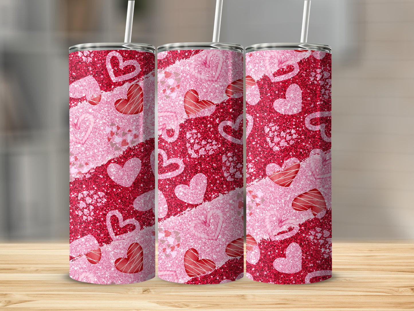 Pink Glitter and Hearts Pattern Insulated Tumbler