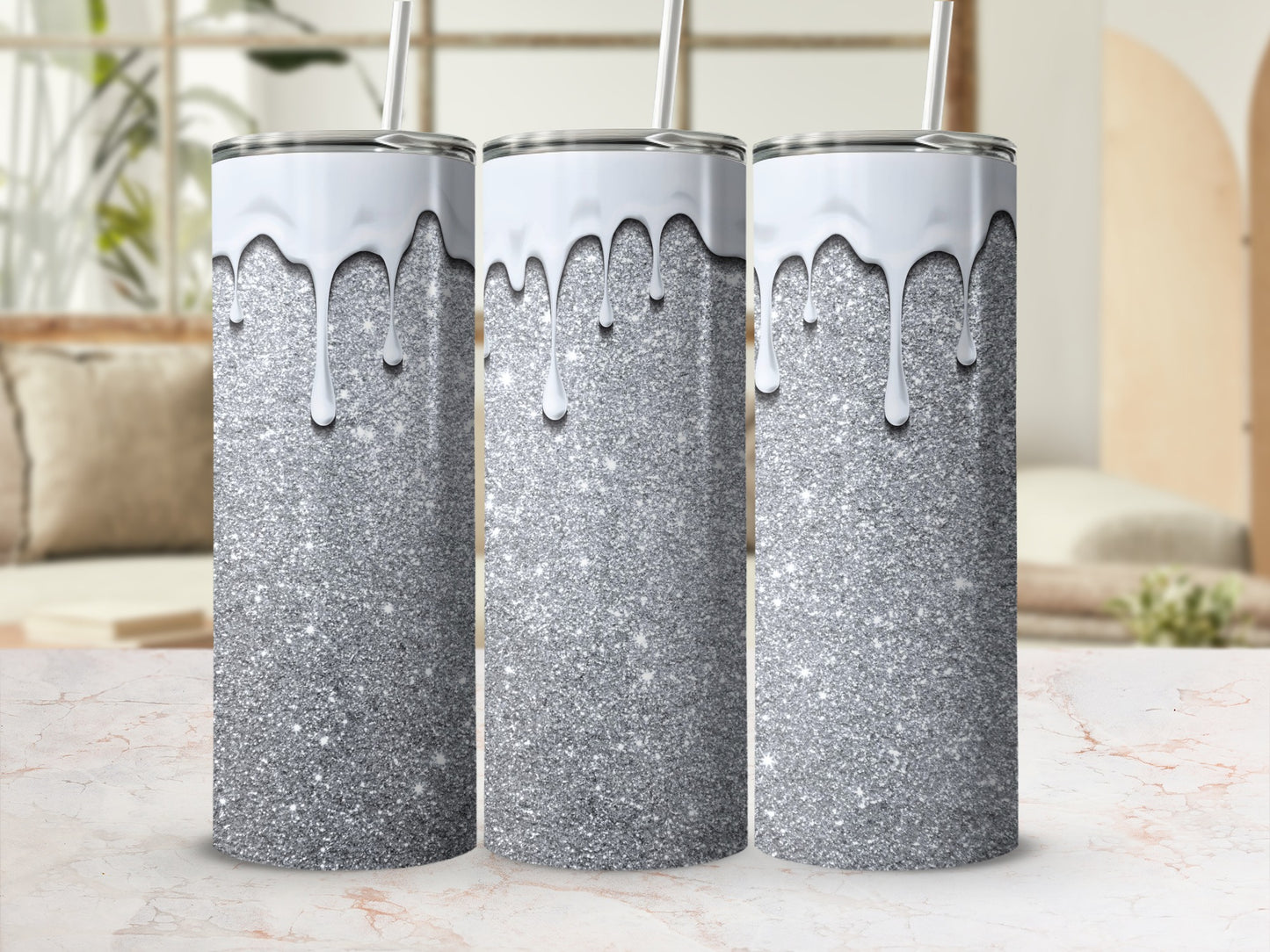 Silver Glitter Drip Design Sublimation Tumbler Product