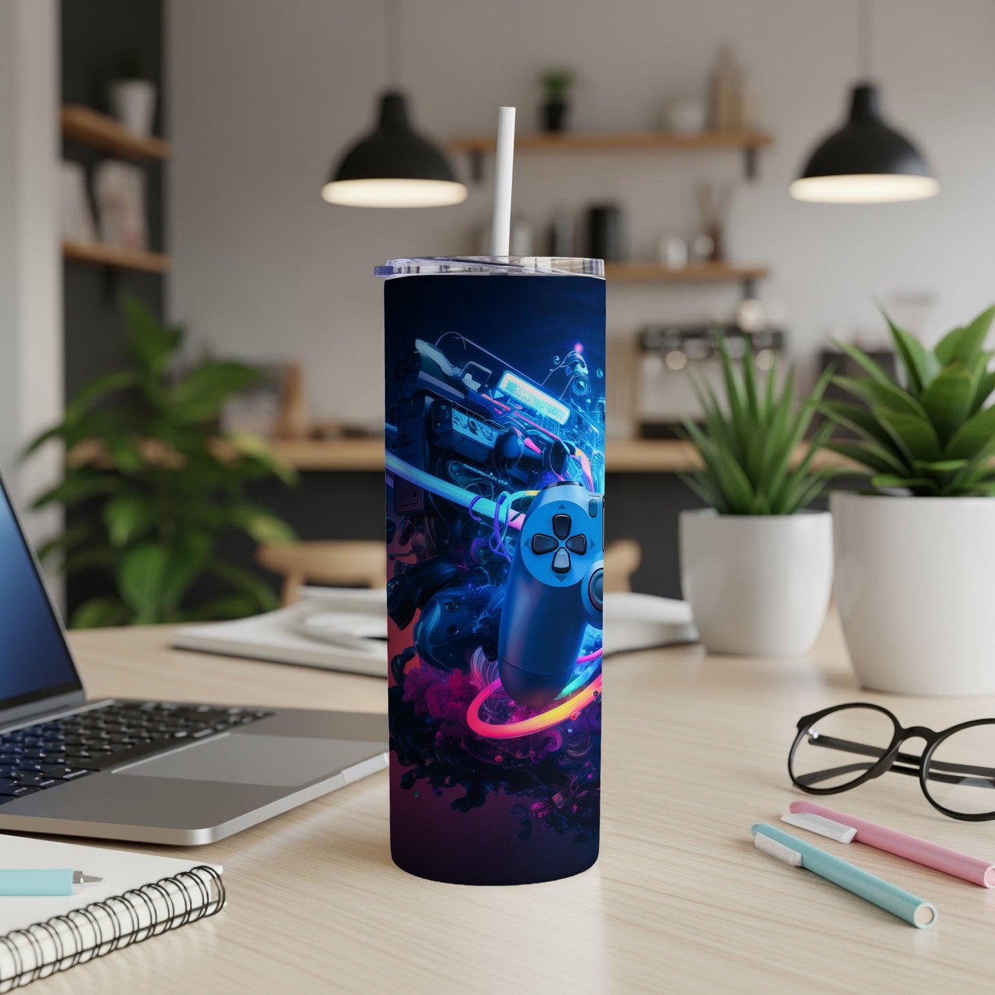 Gaming-themed tumbler with a controller and neon accents.
