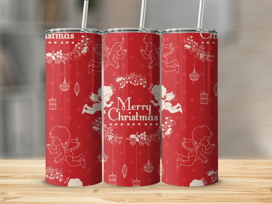 Red tumbler with Merry Christmas design and cherubs.