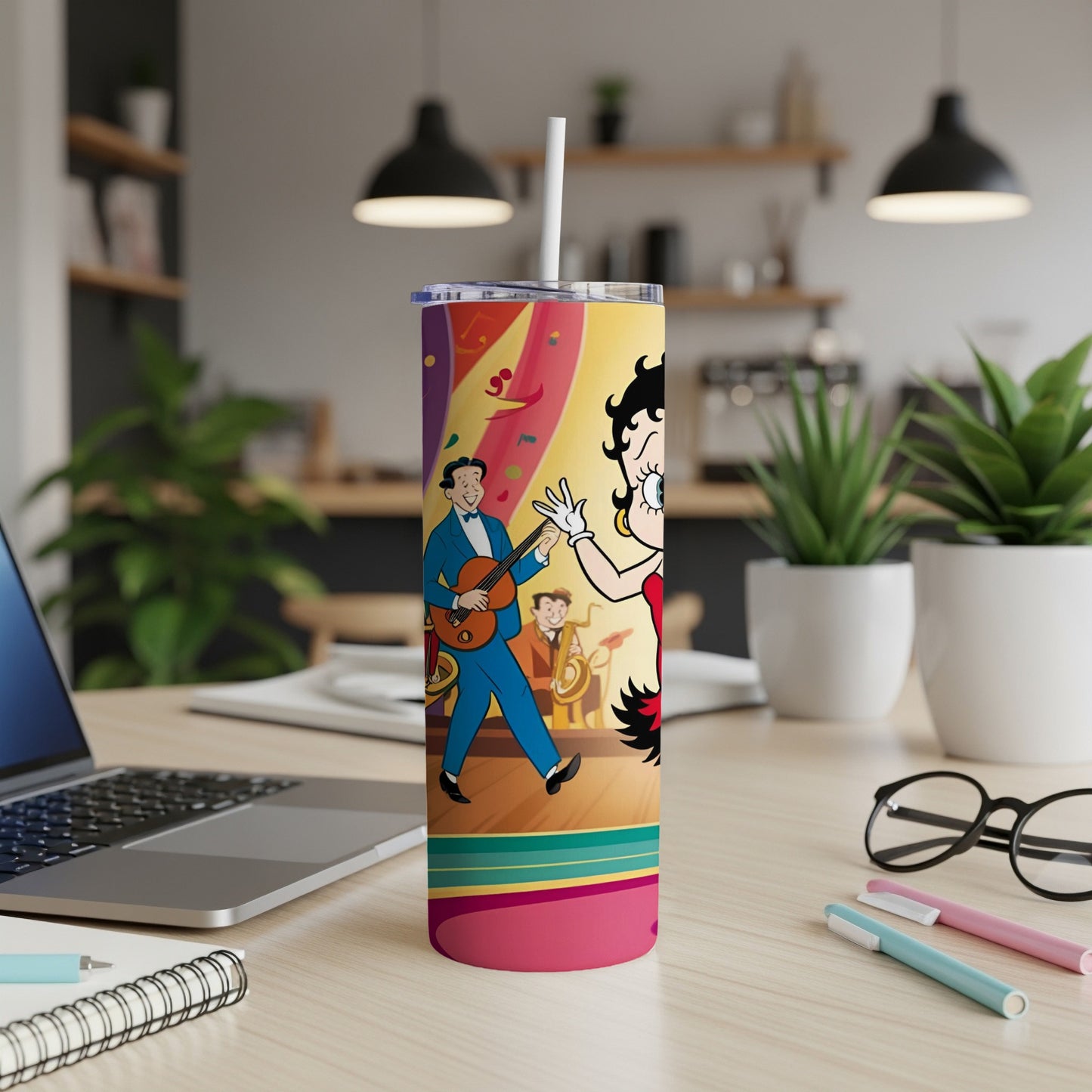 Betty Boop and Koko the Clown playing music on a colorful tumbler.