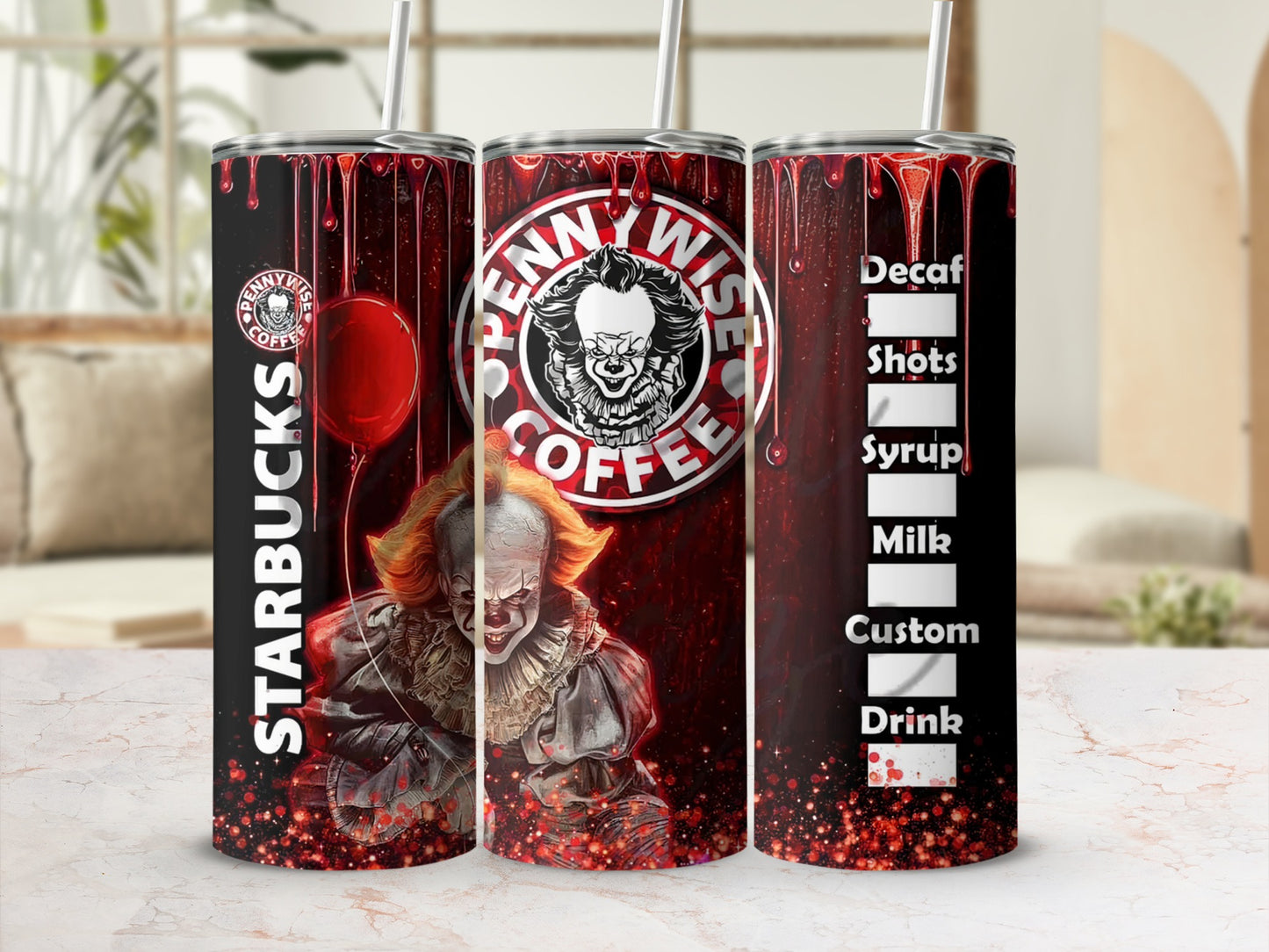 Pennywise coffee tumbler with Starbucks and drink customization options.