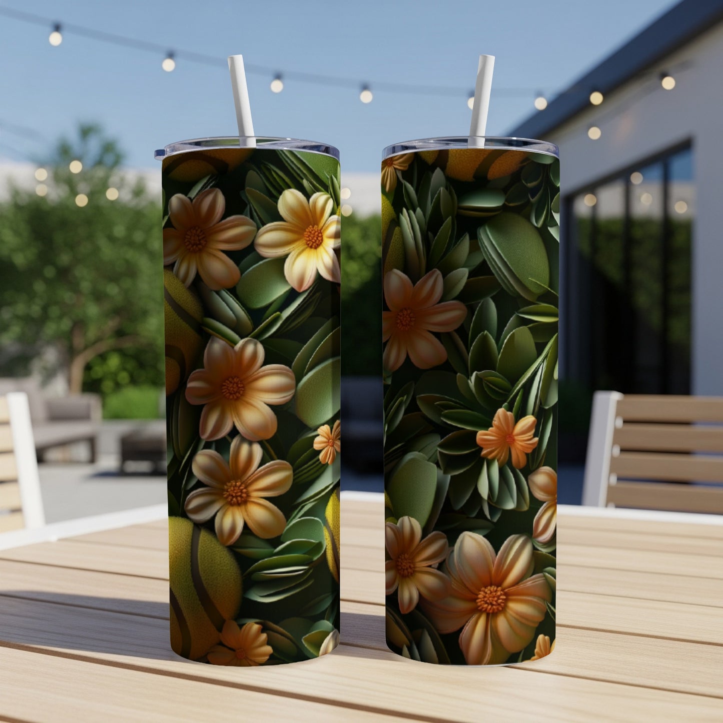 Two tumblers with a dark green floral pattern and orange flowers.