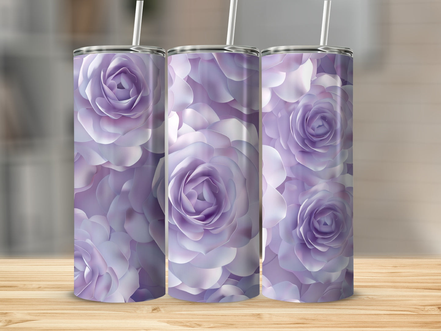 Three tumblers with a floral pattern of purple and white roses.