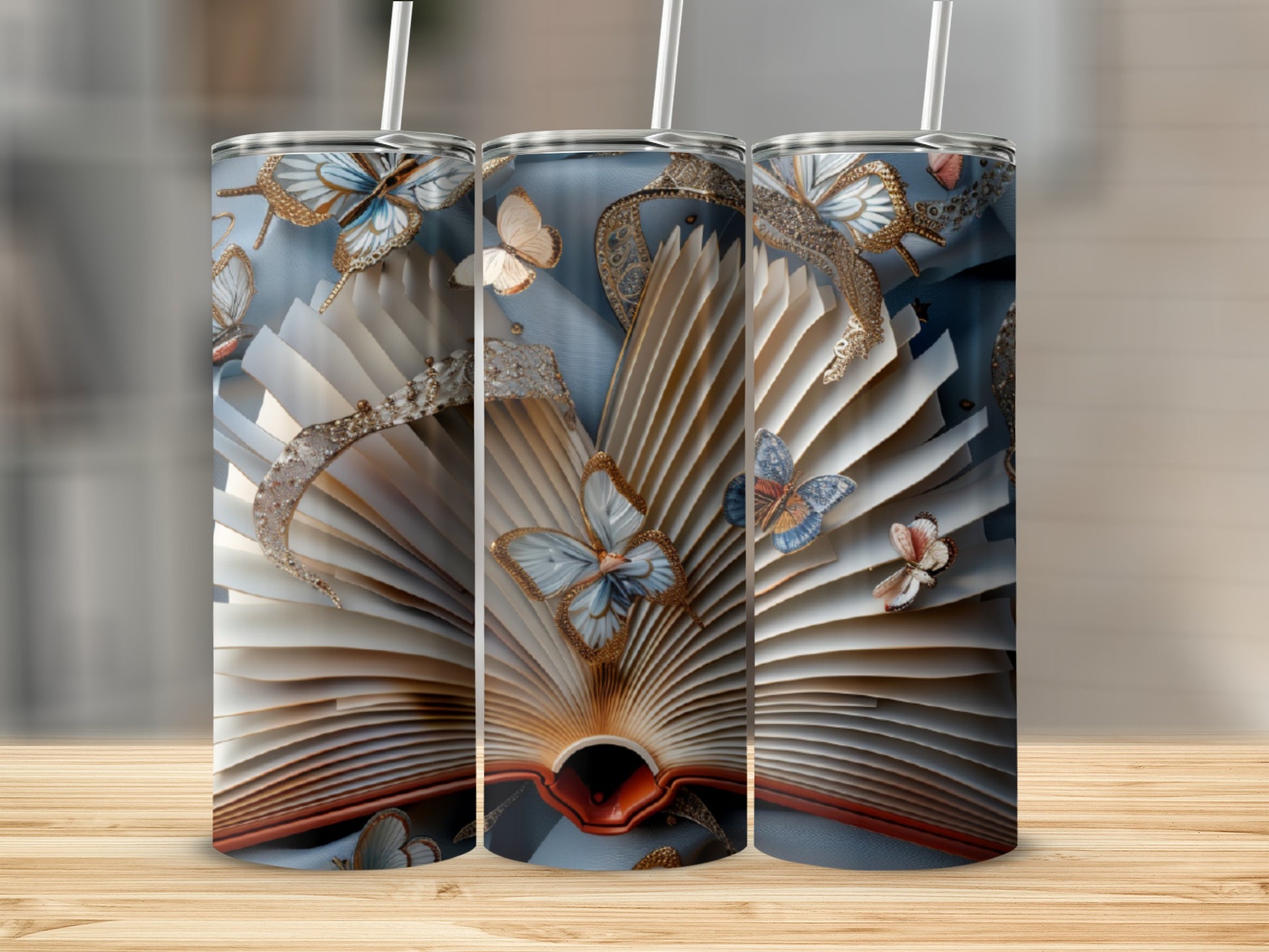 Open book with fluttering butterflies and ornate golden trim.