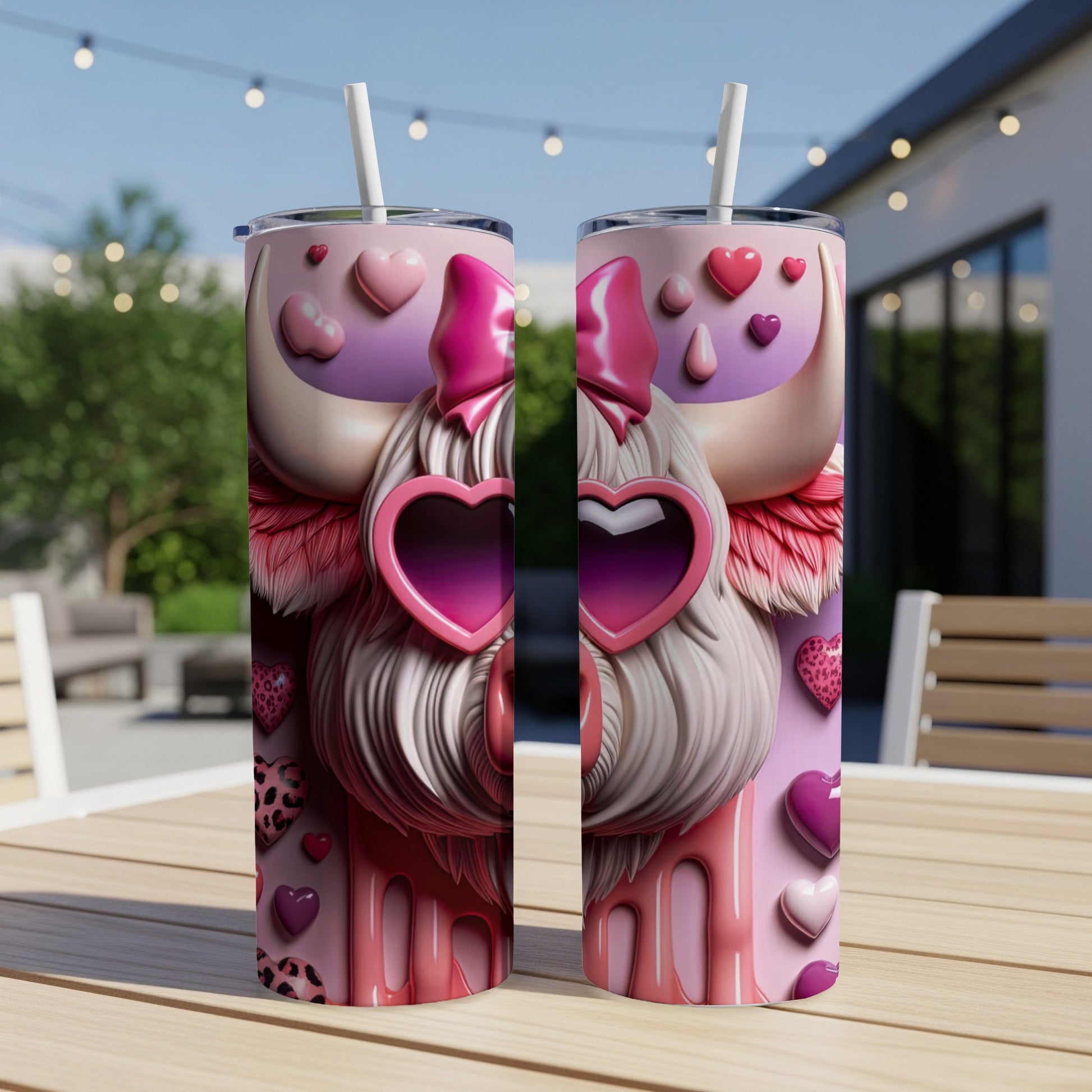 Two pink tumblers with a cartoon bull wearing heart-shaped sunglasses.
