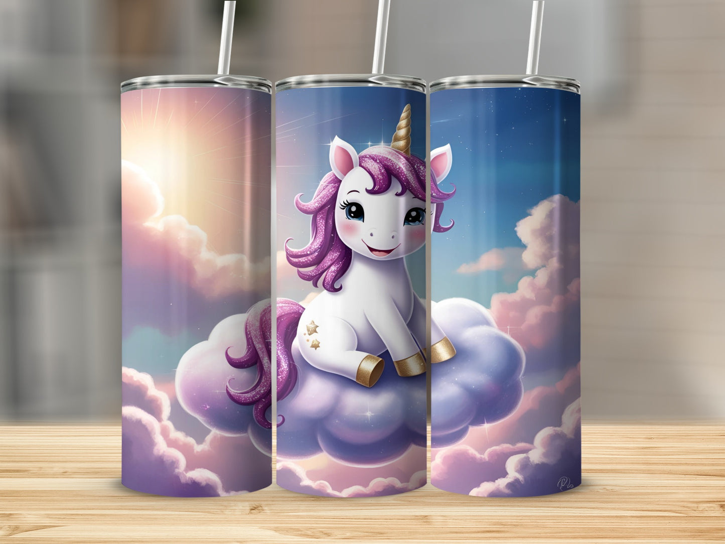 Cartoon unicorn with purple mane sits on a cloud under a starry sky.