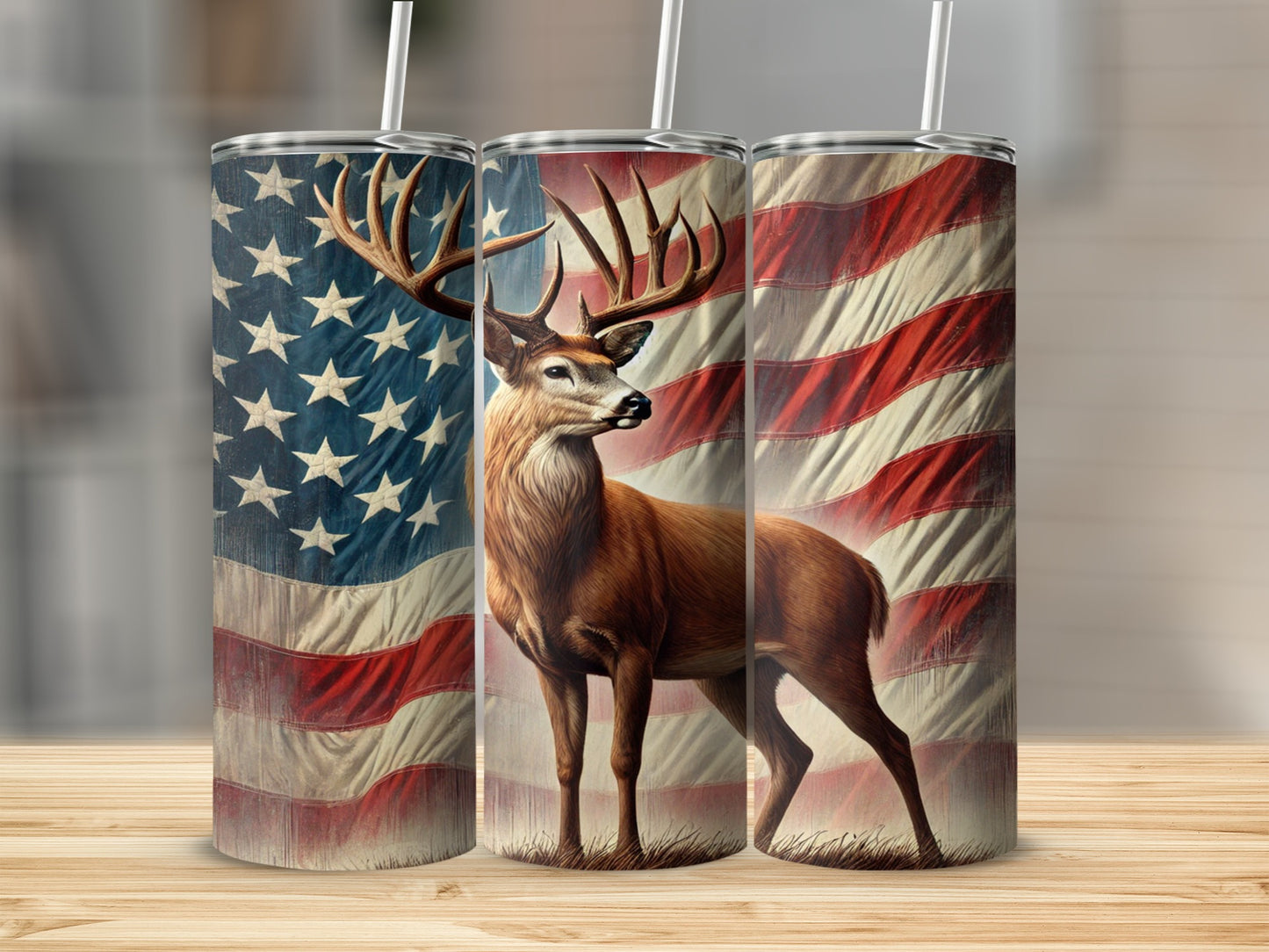 Patriotic American Flag Deer Art Tumbler Bottle Custom Design