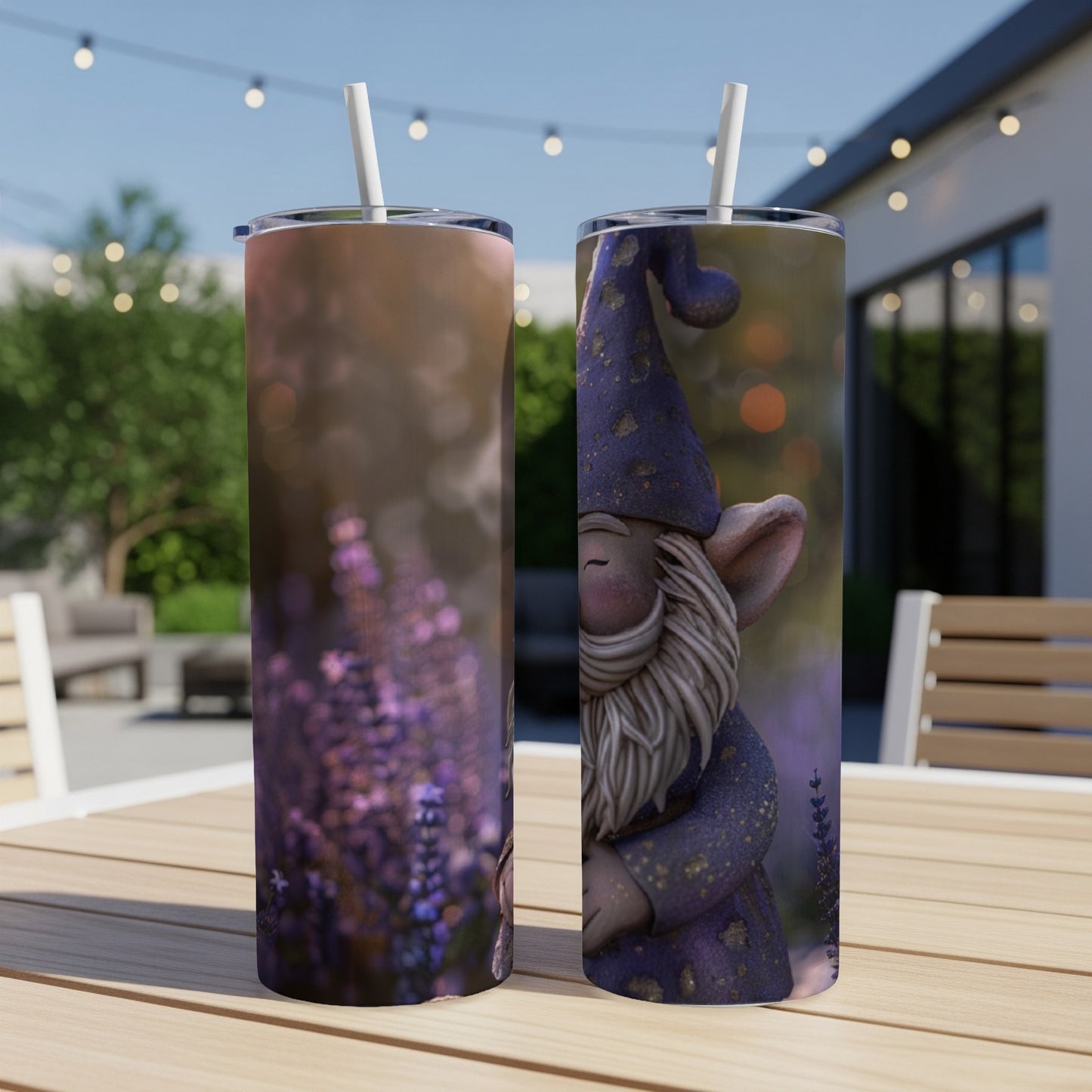 Purple gnome in pointed hat with lavender flowers on a tumbler.