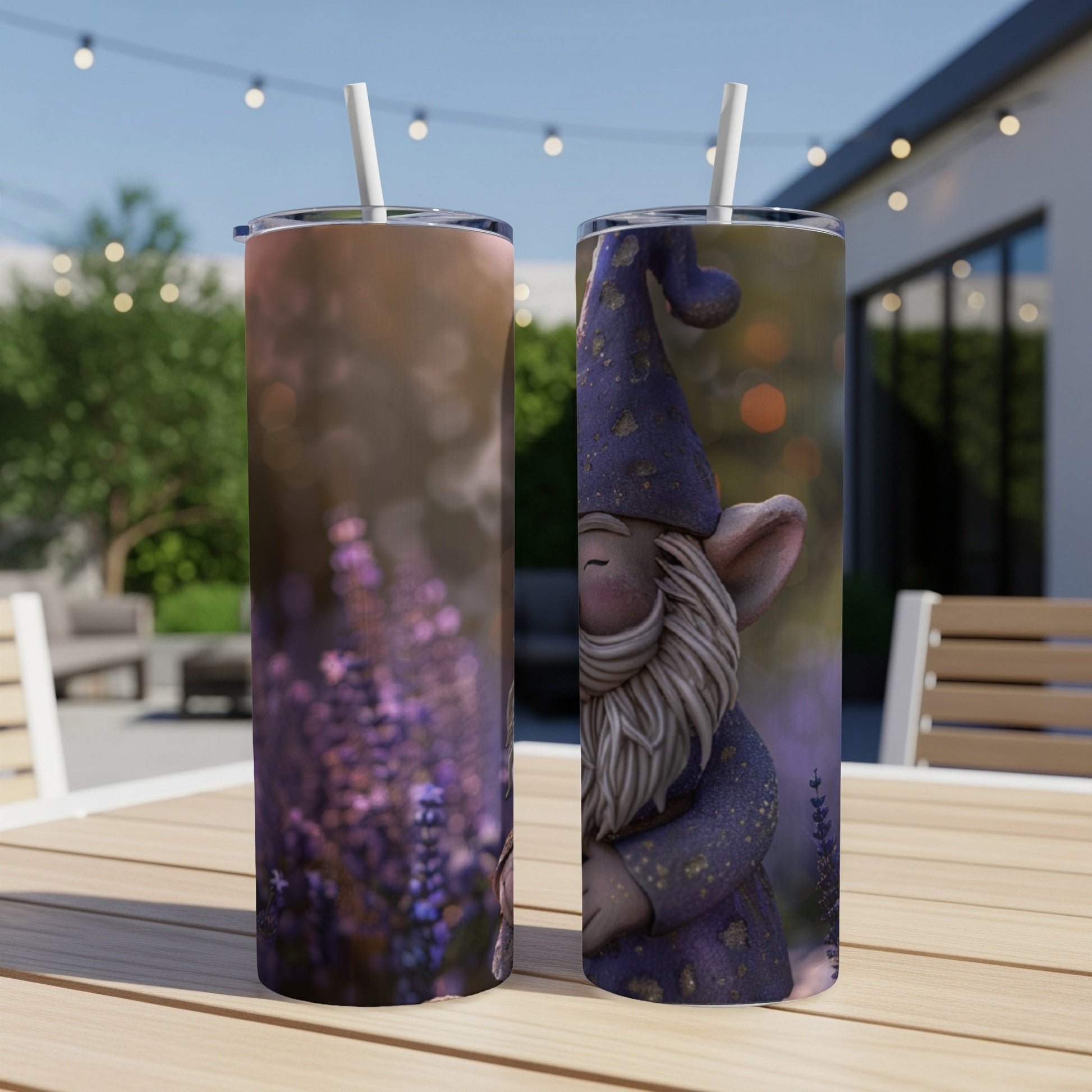 Purple gnome in pointed hat with lavender flowers on a tumbler.