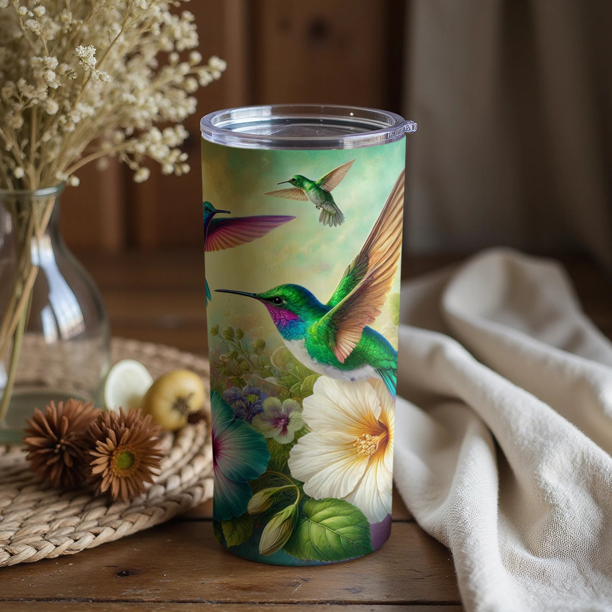 Vibrant Hummingbird and Floral Design Tumbler Cup