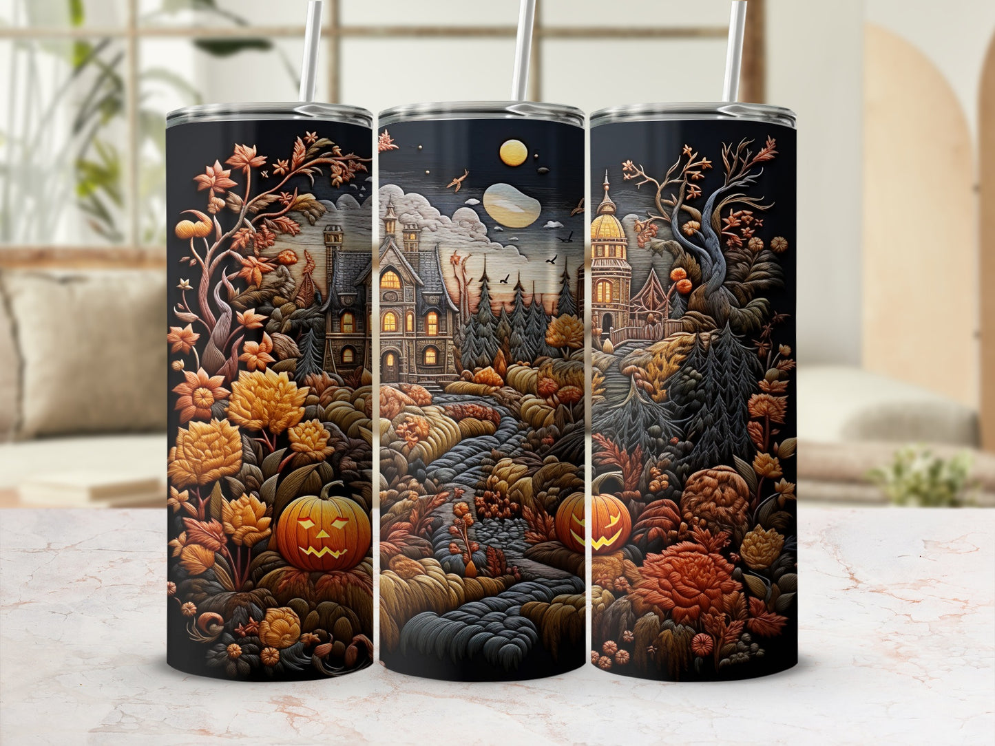 Tumblers with a Halloween scene featuring pumpkins, ornate buildings, and autumn foliage.