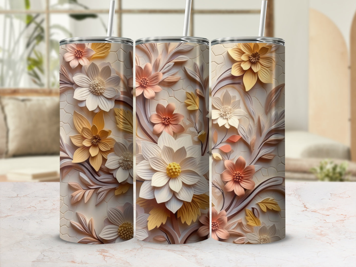 Three decorative tumblers with raised floral patterns and subtle pastel colors.