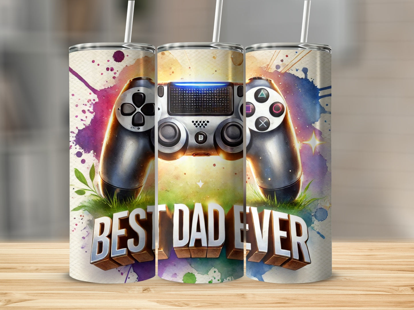 Gaming controller with "BEST DAD EVER" text and watercolor splashes.