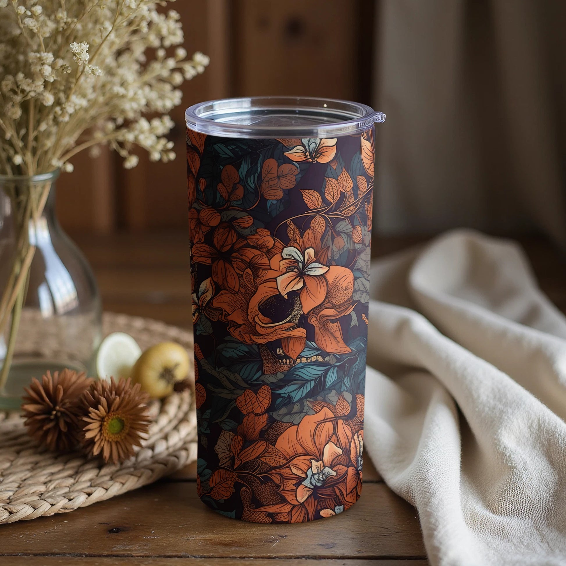 Floral Skull Design Travel Tumbler for Work and Home