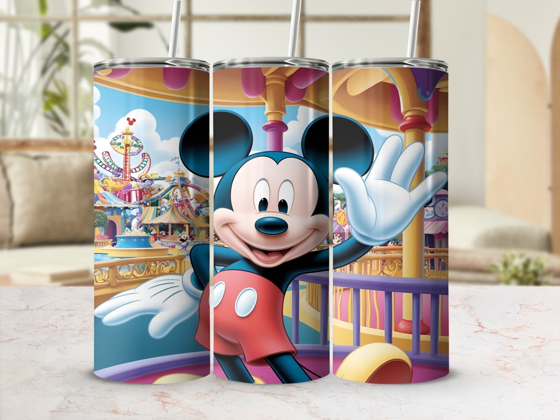 Mickey Mouse waving in front of a colorful amusement park ride.