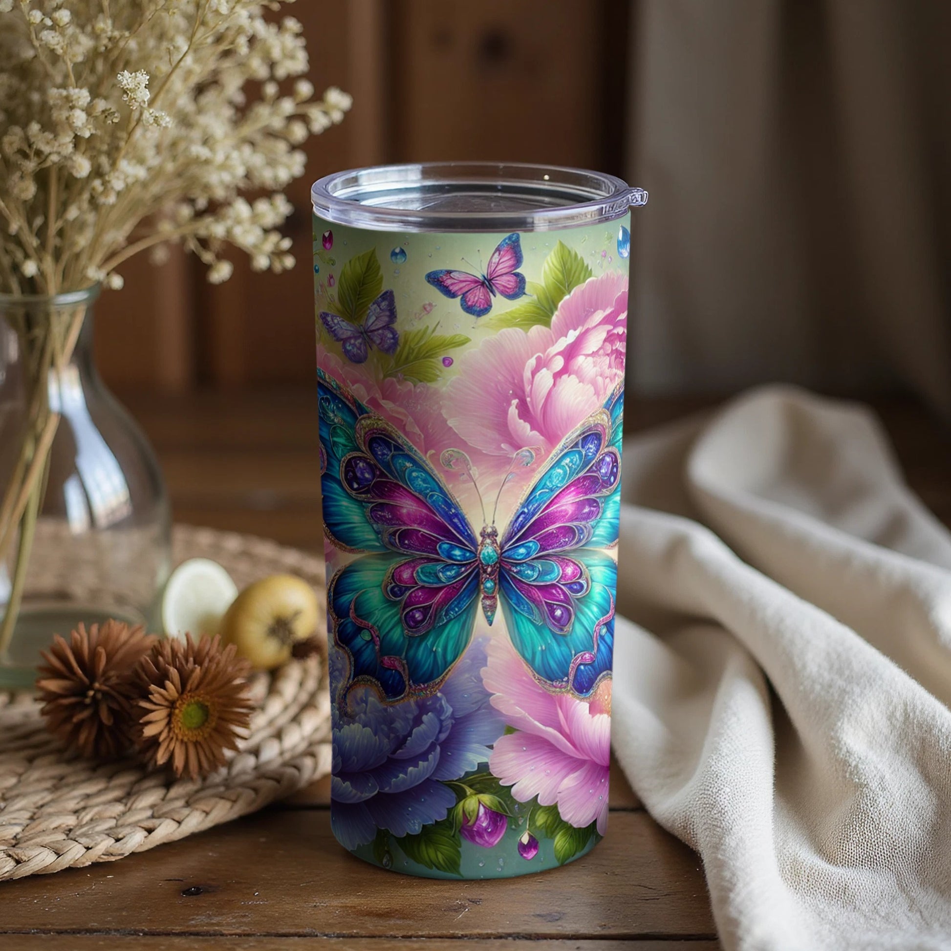 Colorful Butterfly and Floral Travel Tumbler