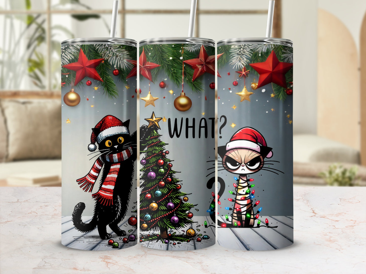 Three tumblers featuring grumpy cats in Santa hats with holiday decorations.