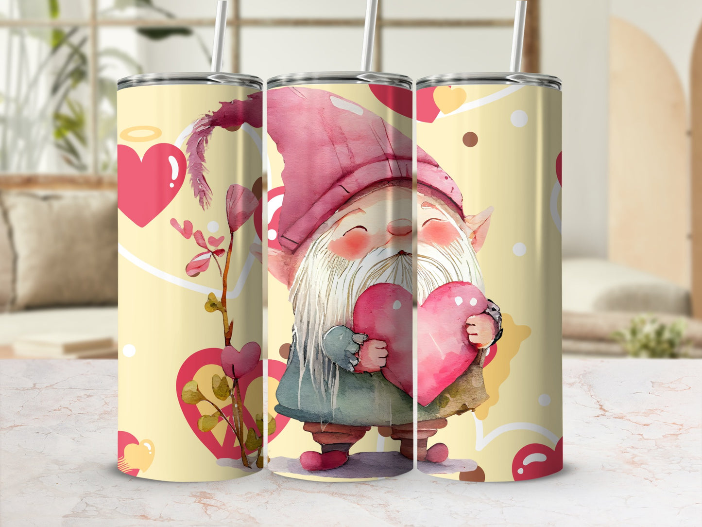 Cute Valentines Gnome Holding Heart Skinny Tumbler