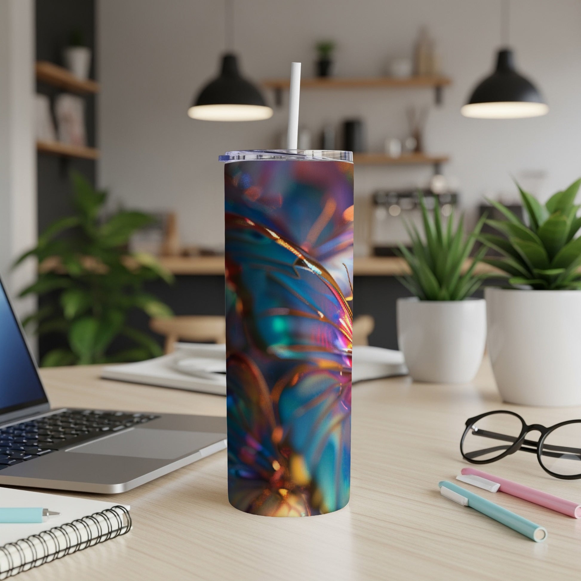 Iridescent metallic tumbler with straw on desk with laptop and pens.