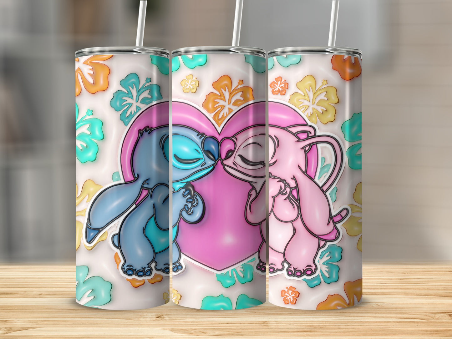 Cute Blue and Pink Characters with Heart Tumbler