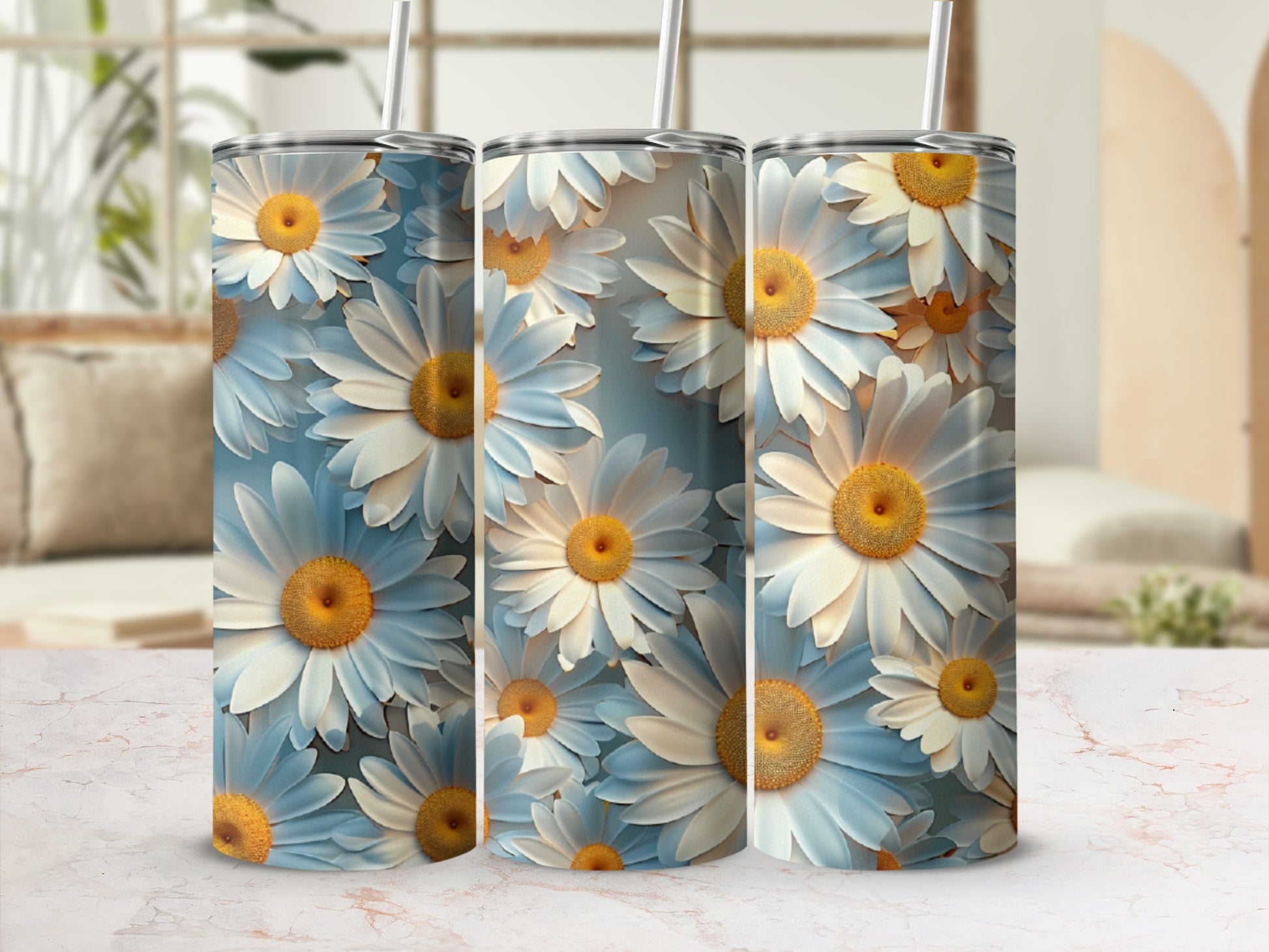 Three tumblers with white daisy floral pattern.