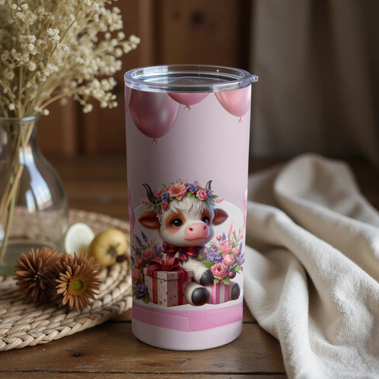 Cute Floral Cow with Balloons Tumbler for Gifts