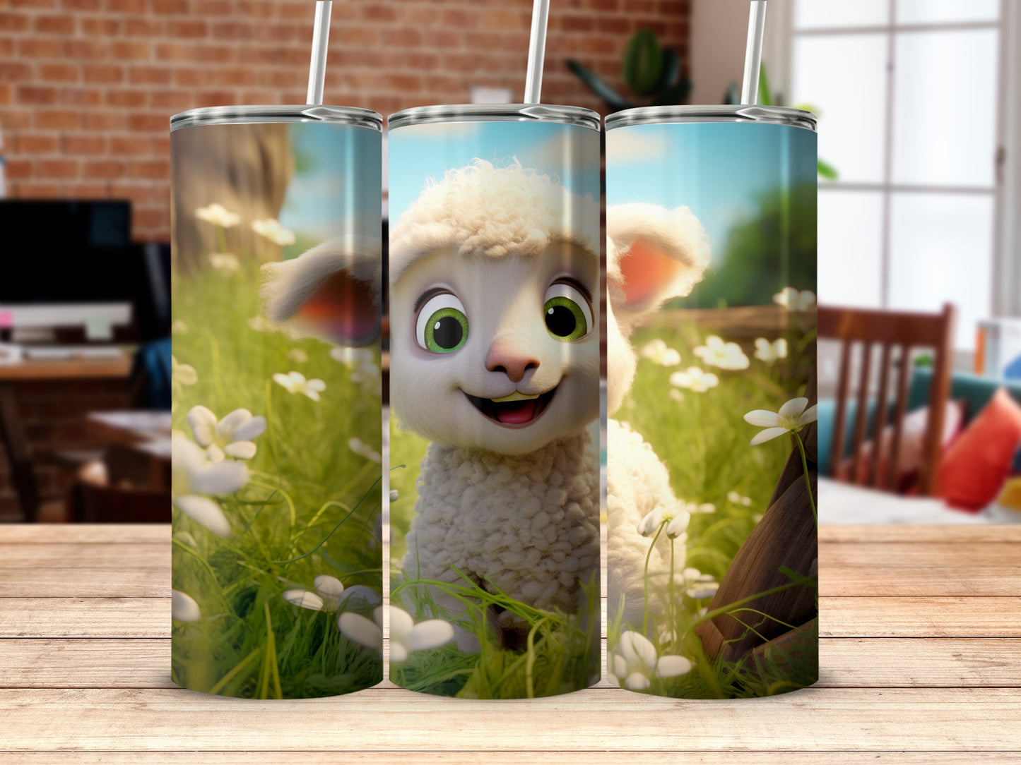 Adorable lamb in meadow themed tumbler with straw