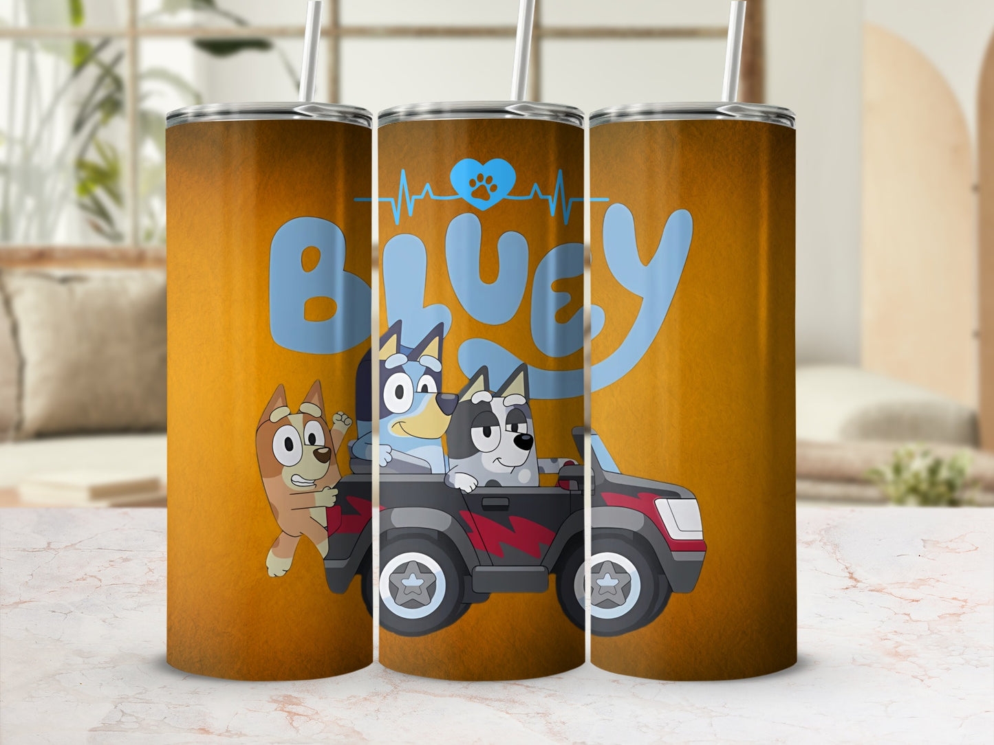 Bluey Cartoon Characters Travel Tumbler with Straw