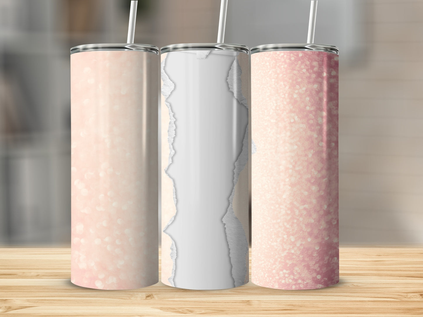 Three skinny tumblers with pink glitter and torn paper designs.