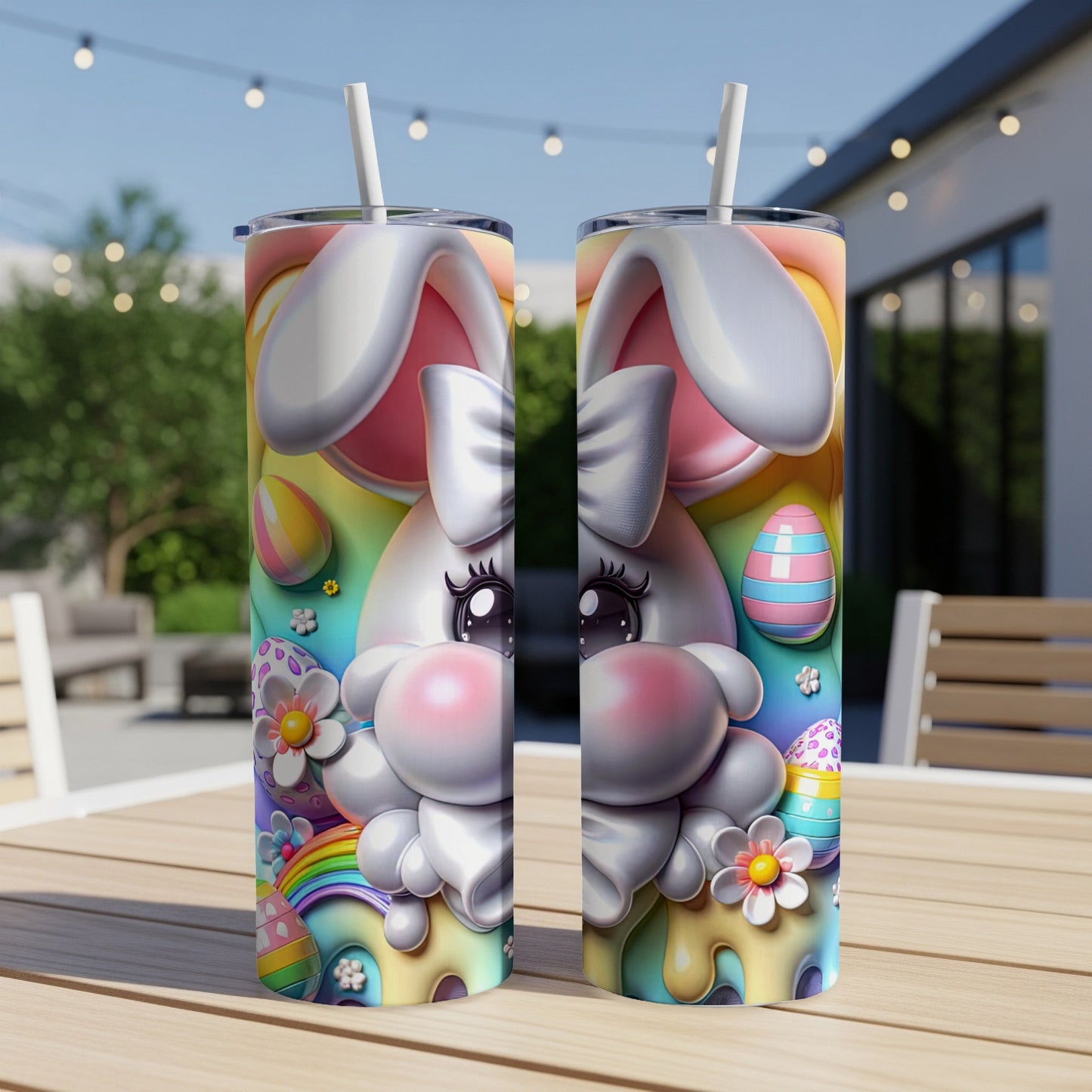 Easter bunny tumbler with pastel colors and eggs.