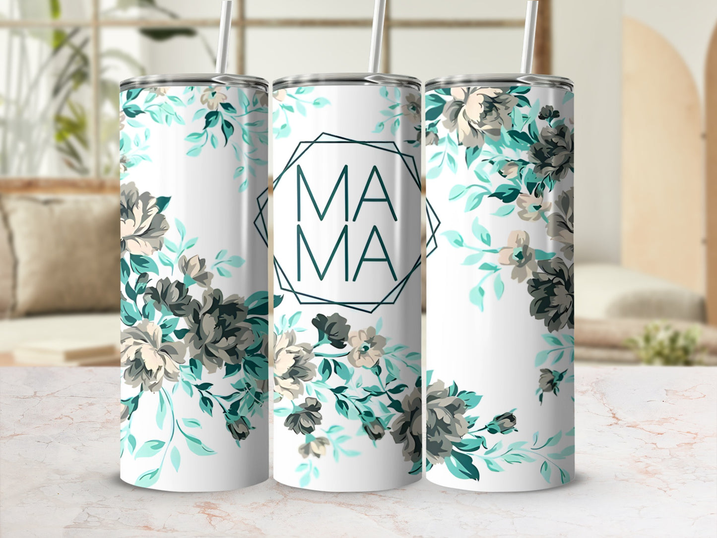 White tumbler with floral pattern and "Mama" text in a hexagon.