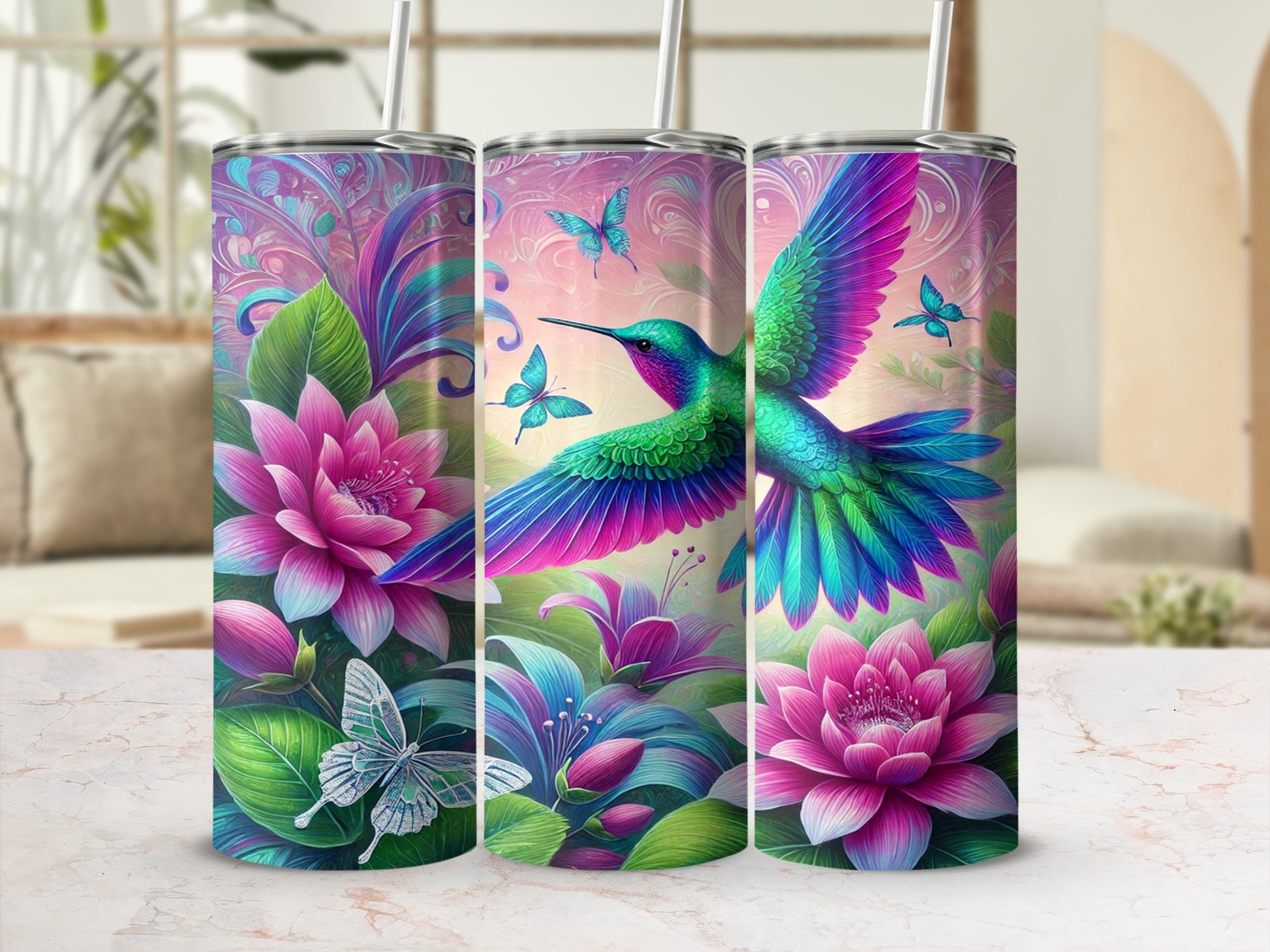 Vibrant Hummingbird and Flower Tumbler Cup Design