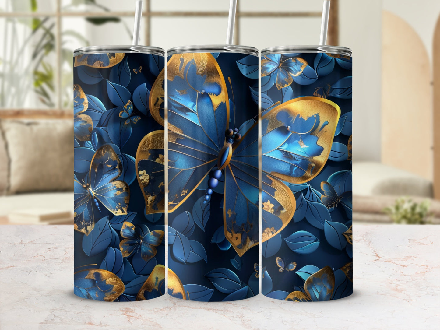 Blue and gold butterflies with floral accents on a dark background.